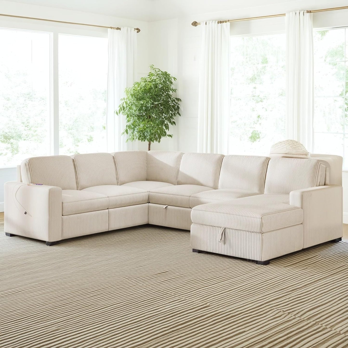 115.6 Inch U-Shaped Modular Sectional Sofa with Pull Out Bed, Storage Chaise and USB interfaces, Oversized Upholstered Combination Corner Couch for Living Room, Office, Spacious Space, Beige