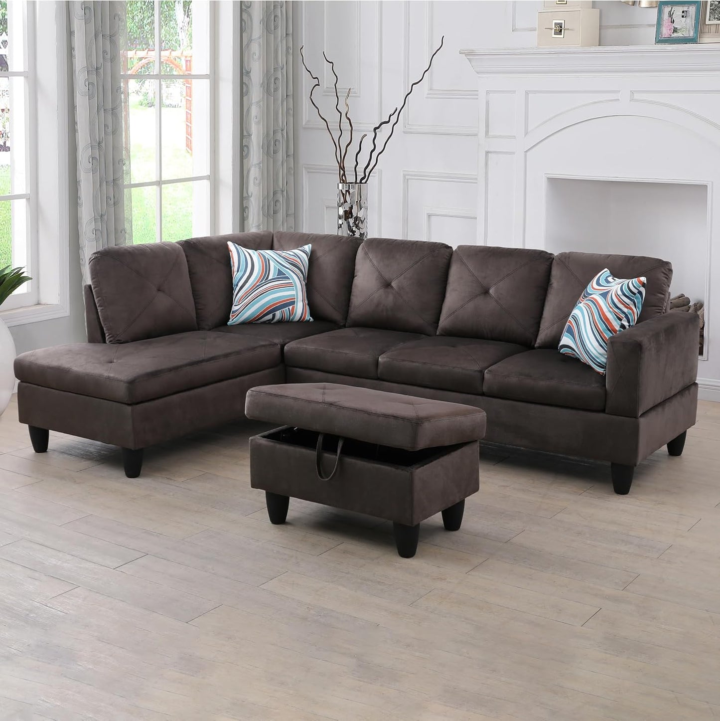 L Shaped Sectional Sofa with Ottoman, Microfiber Right Facing Modern Couches for Living Room, Bedroom, Office,Espresso