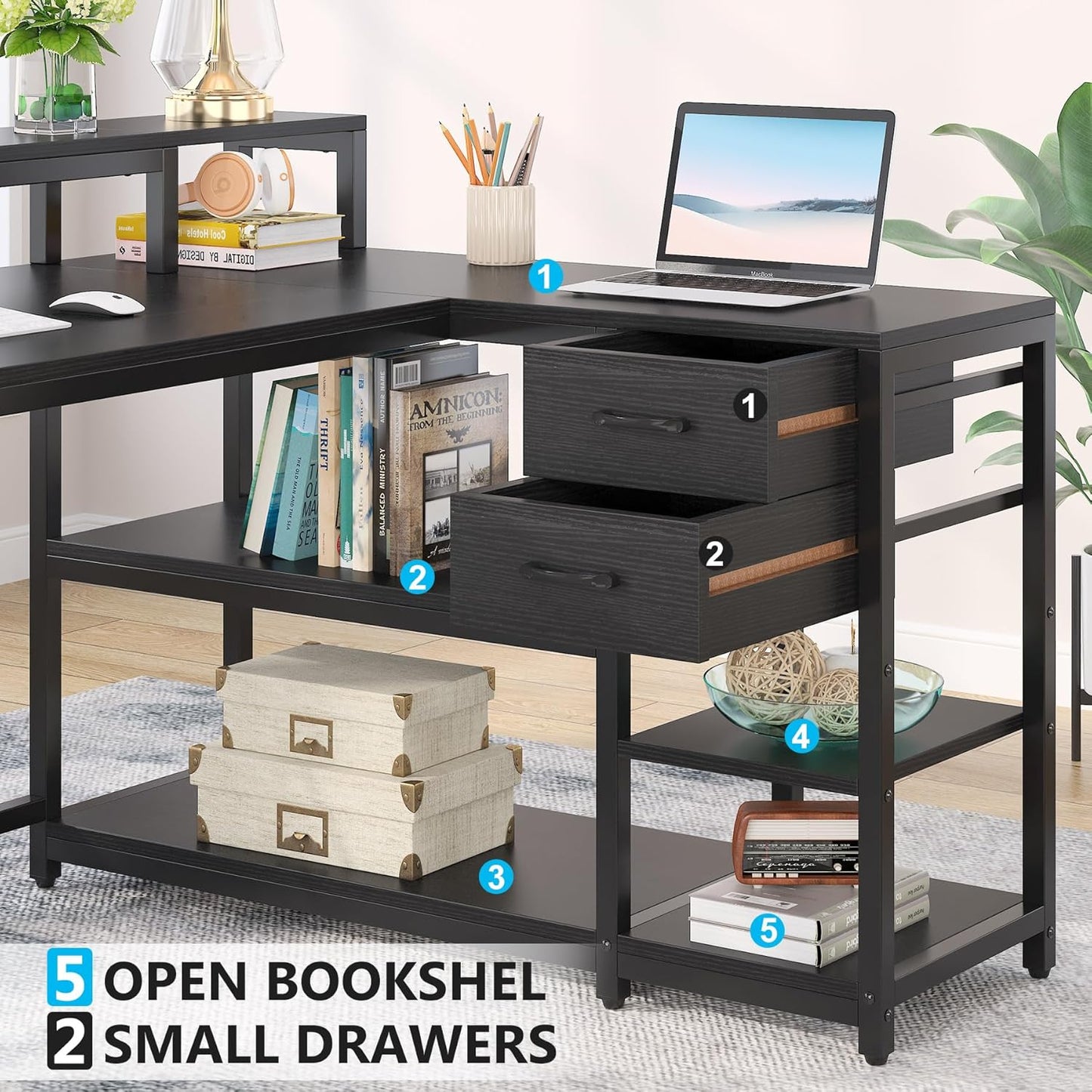 Tribesigns L Shaped Desk with Drawer and Monitor Stand, BlackCorner Desk Home Office Table with Storage Shelves, Black PC Desk for Small Space