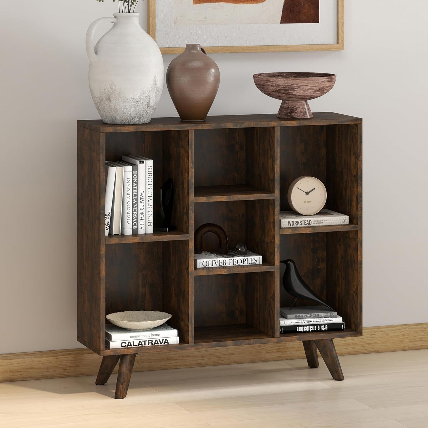 Manora Rustic Brown 7 Cube Mid Century Modern Bookshelf, Wooden Storage Organizer with Open Shelves, Retro Bookcase for Living Room, Bedroom, Home Office