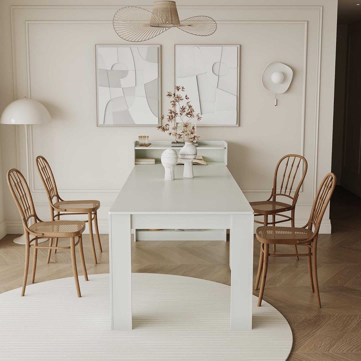 118" Extendable Dining Table for 6-10 Person, Wooden Folding Narrow Dining Room Table, Farmhouse Extendable Console Table for Gatherings, Meeting, Dining Office Areas White