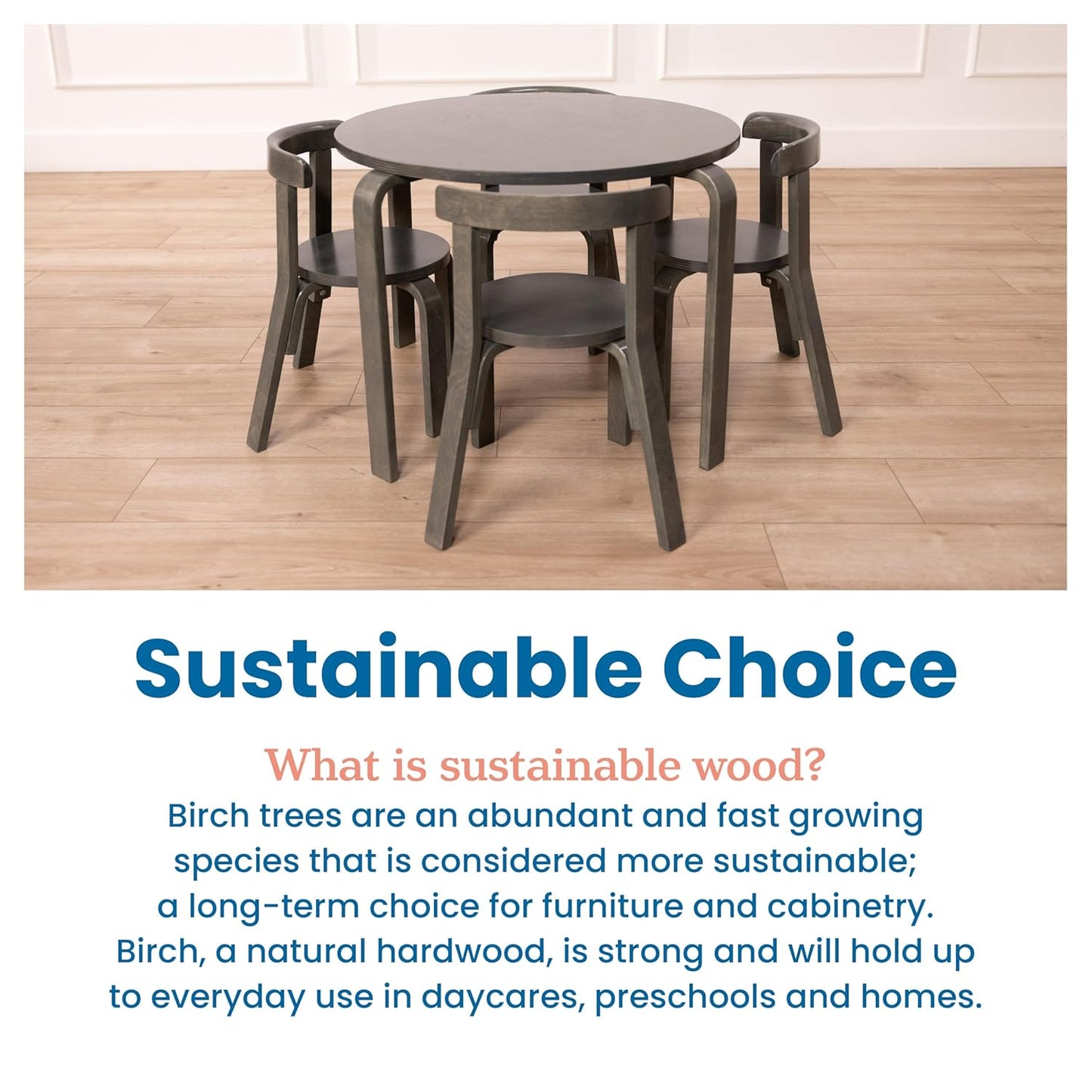 ECR4Kids Bentwood Round Table and Curved Back Chair Set, Kids Furniture, Grey Wash, 5-Piece