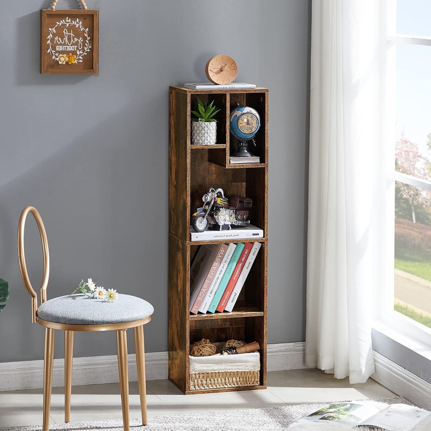 VECELO 4-Tier Bookcase, Modern Storage Cabinet with Height Difference Shelves for Standard Textbooks, 5 Cubes, Vertical or Horizontal, Easy Assembly, Rustic Brown