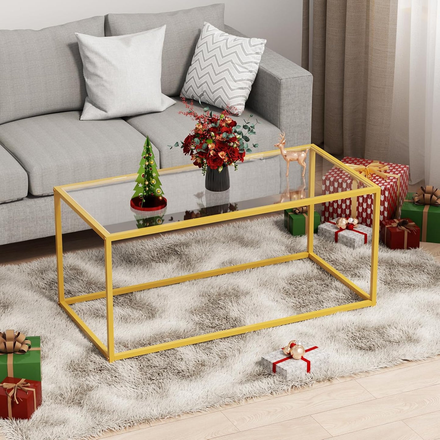 Tempered Glass Coffee Table - Minimalist Center Table for Living Room, Office - Modern Top With Sturdy Metal Frame & Open Storage - Easy Assembly, Gold
