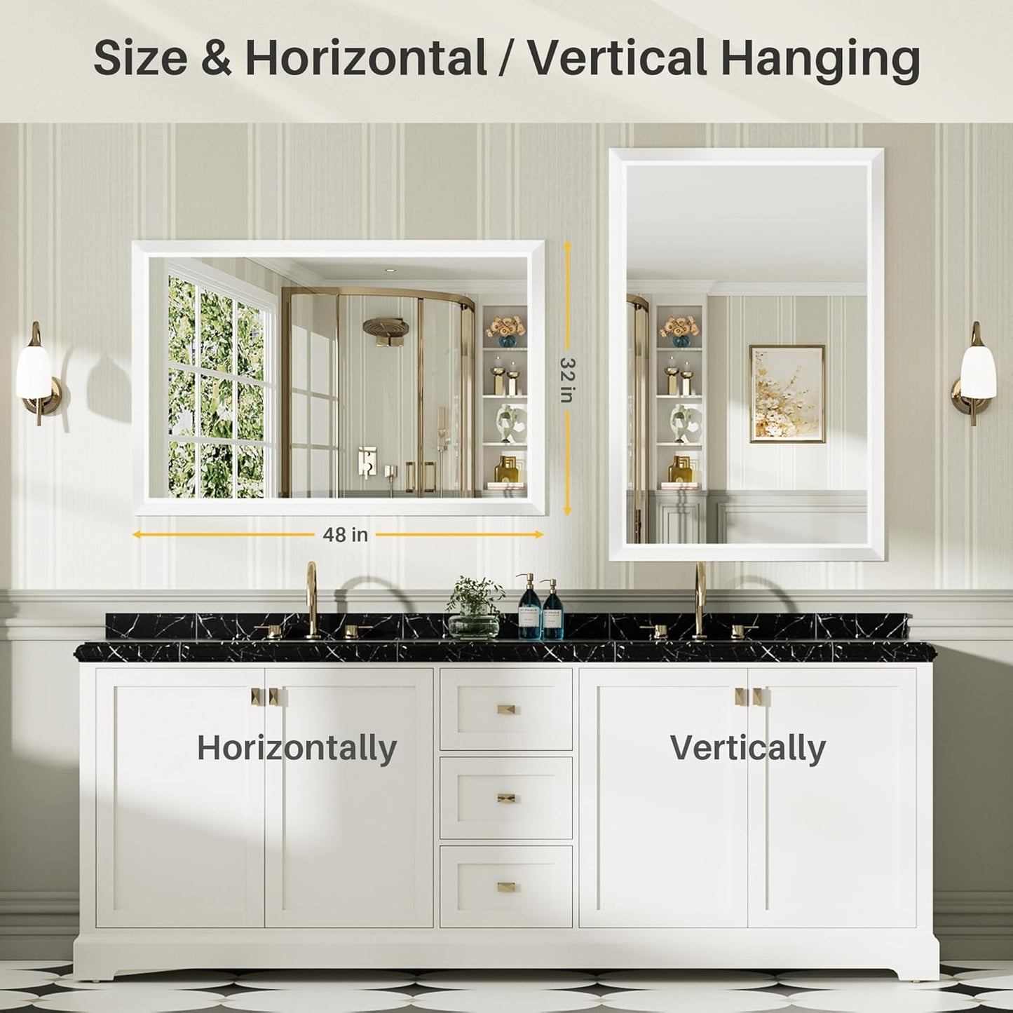 48x32 Inch White Bathroom Mirror for Wall, Thick Metal Framed Rectangle Mirrors for Over Sink, Bedroom, Living Room, Entryway, Anti-Rust, HD Tempered Glass