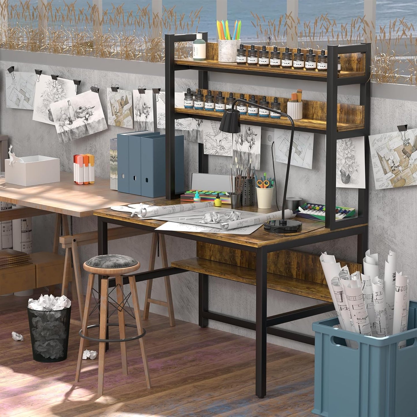 Aquzee Computer Desk with Hutch, 47“W x 23.6" D Desk with Shelves, Tall Home Office Desk with Bookshelf, Metal Legs Study Table with Upper Storage Shelf for Study Writing/Workstation