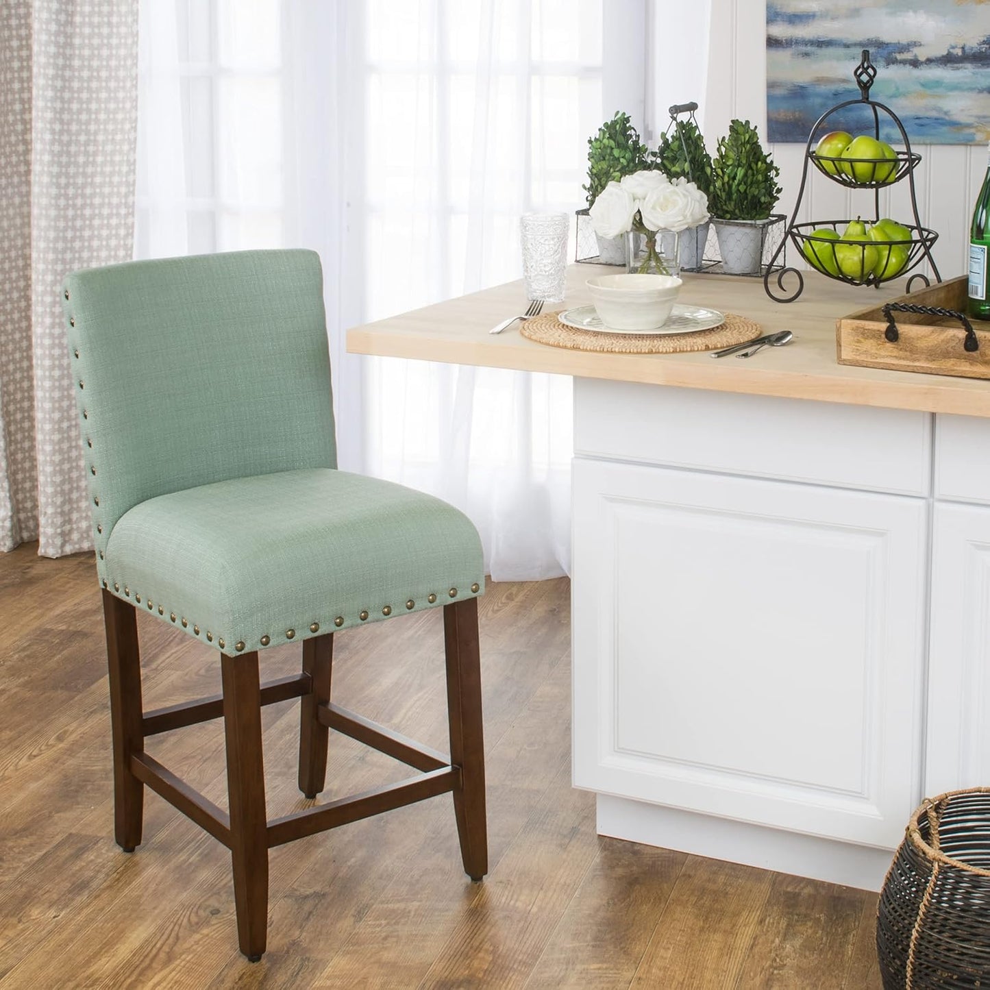 Homepop Home Decor | Backless Nailhead Trim Counter Height Bar Stools | 24 Inch Bar Stools | Decorative Home Furniture (Seafoam)