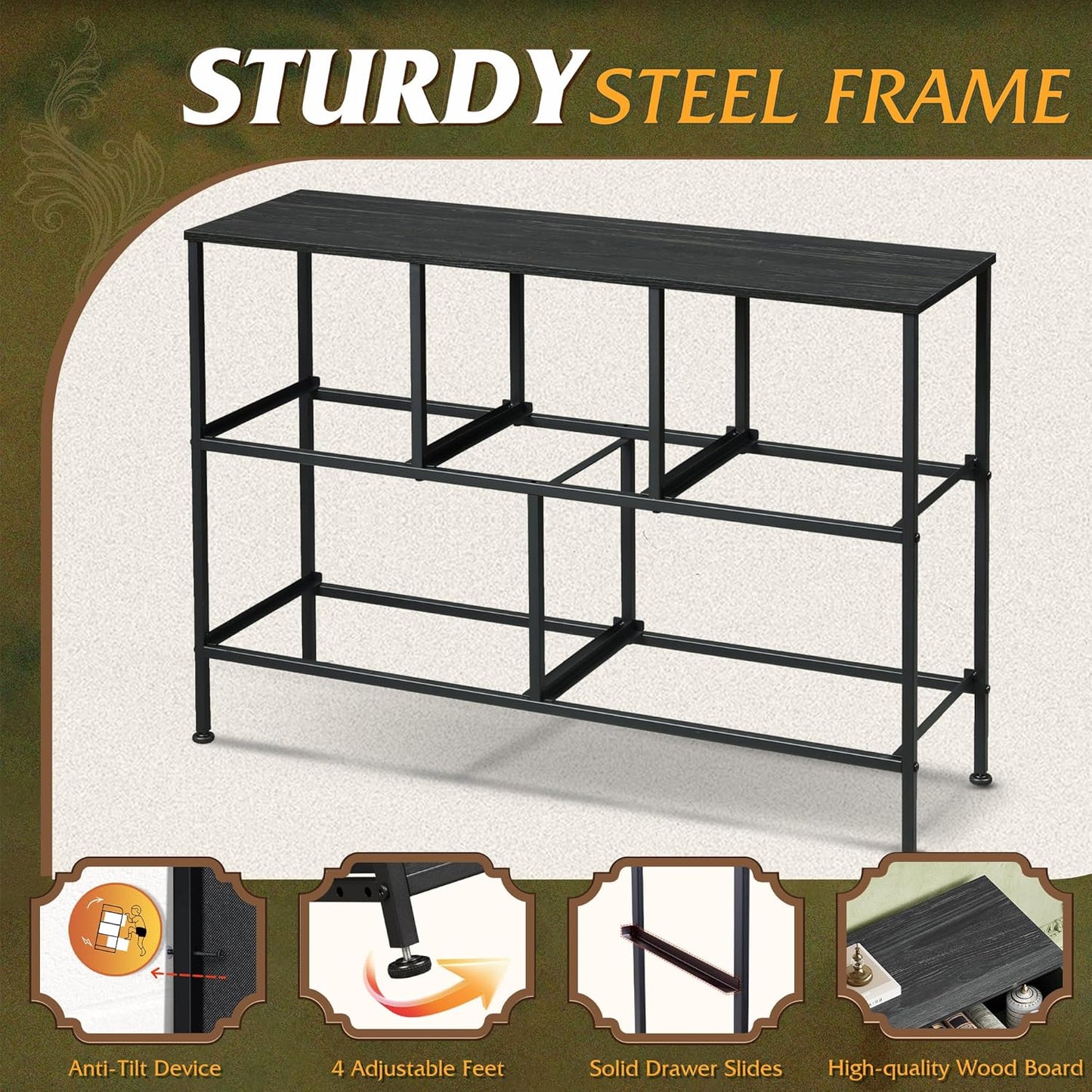 WLIVE Dresser for Bedroom with 5 Drawers, Long Storage Dresser, Fabric Dressers, Storage Drawer Unit with Fabric Bins for Closet, Hallway, Charcoal Black Wood Grain Print, Size L