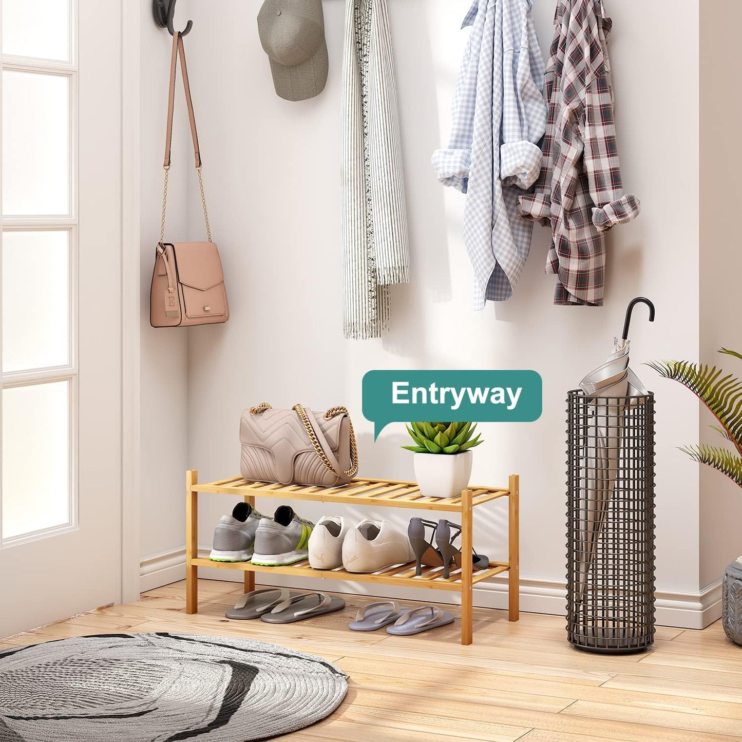 2-Tier Bamboo Shoe Rack for Entryway, Bamboo Wood Shoe Organizer for Hallway Closet, Free Standing Shoe Racks for Indoor Outdoor