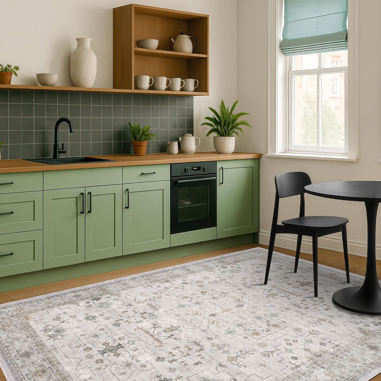 Boho Light Grey Living Room Rug 6x8 - Modern Vintage Eclectic Floral Paste Neutral Taupe, Washable Low Pile Non-Slip Large Area Rugs for Dining Under Table, Bedroom