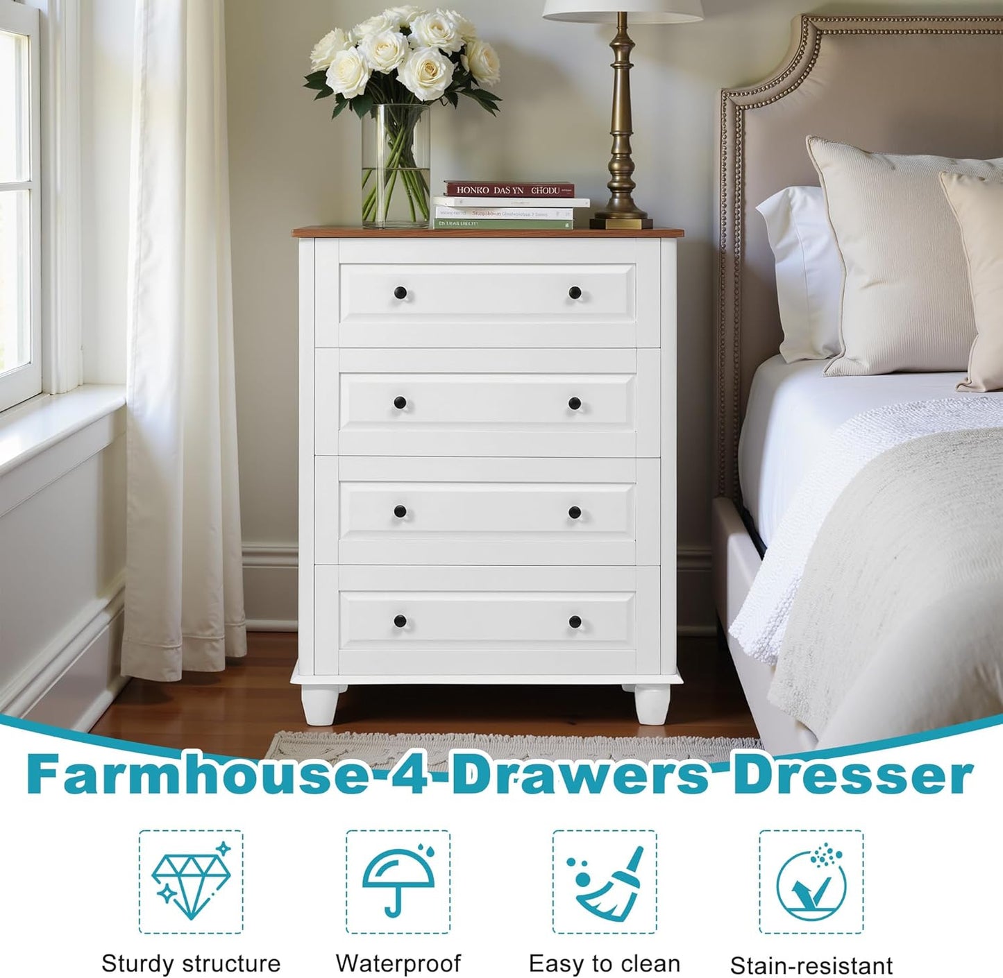 Farmhouse 4 Drawers Dresser for Bedroom, 29.1" Wide Wood Chest of Drawers with Metal Handle, Tall Storage Dressers Organizer for Bedroom, Living Room, Hallway, Ivory White