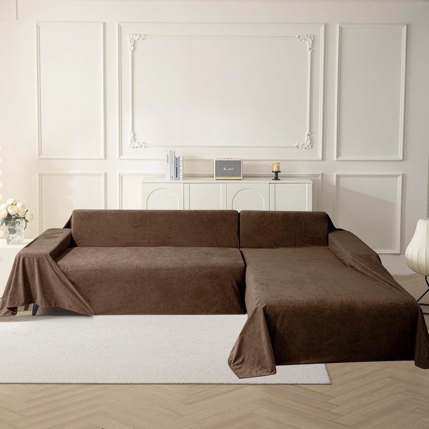 MYSKY HOME Sectional Couch Covers, Couch Cover 3 Cushion Sofa, Couch Covers for Pet, Dog Couch Protector, L Shape Sofa Cover Sofa Slipcovers Washable Furniture Covers for Pets, 91" x 134", Dark Brown