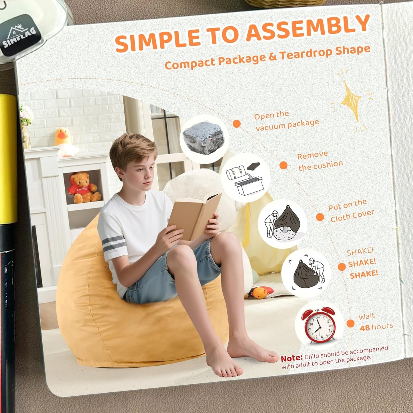 2FT Bean Bag Chair, Comfy Bean Bag Chairs with Memory Foam Filled, Fluffy Beanbag Sofa with Dutch Velvet Cover, Teardrop BeanBag Chairs for Living Room, Playroom - Mustard