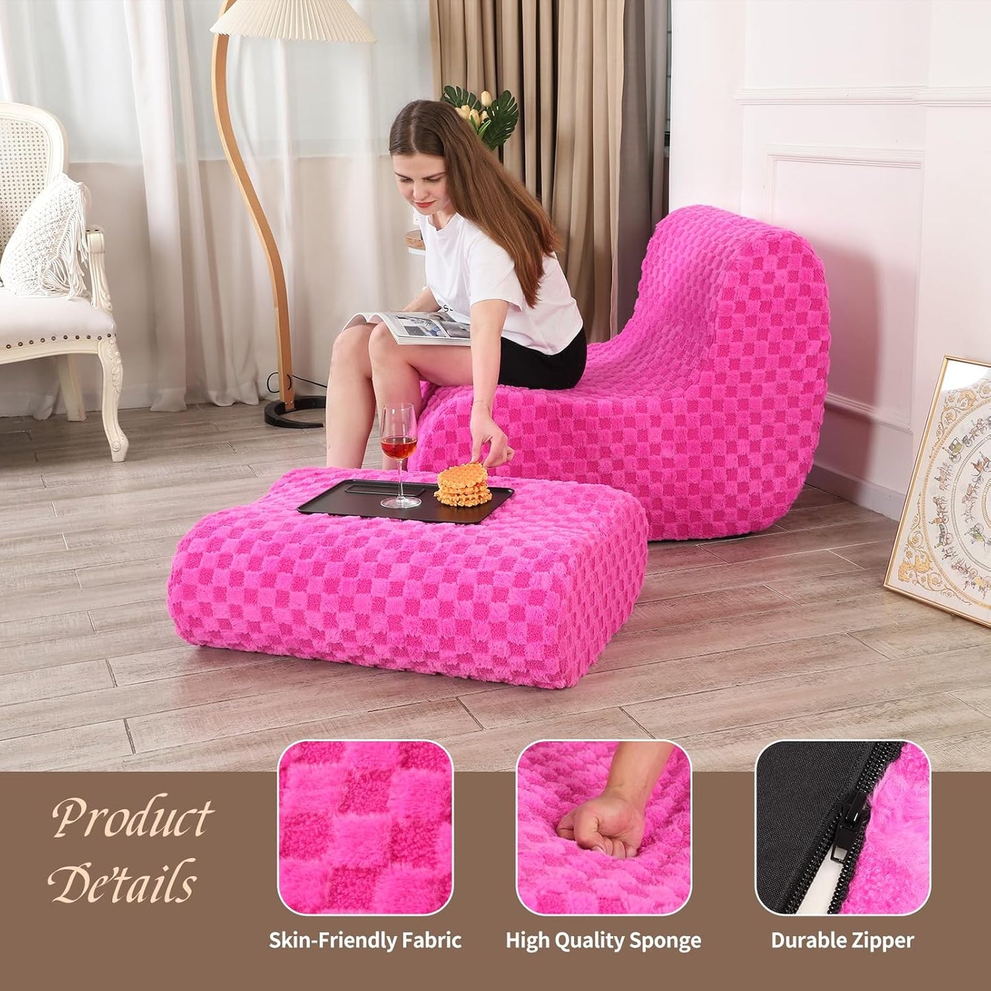 Accent Bean Bag Chair with Footstool, Modern Lazy Sofa Chair with Comfy Jacquard Shaggy Plush, Pink