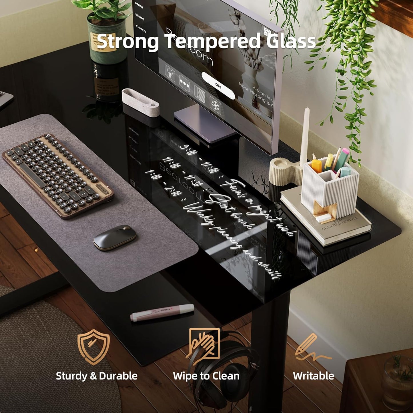 INNOVAR Glass Standing Desk with Drawers, 55×24 Inch Adjustable Stand Up Desk, Quick Install Home Office Computer Desk, Black