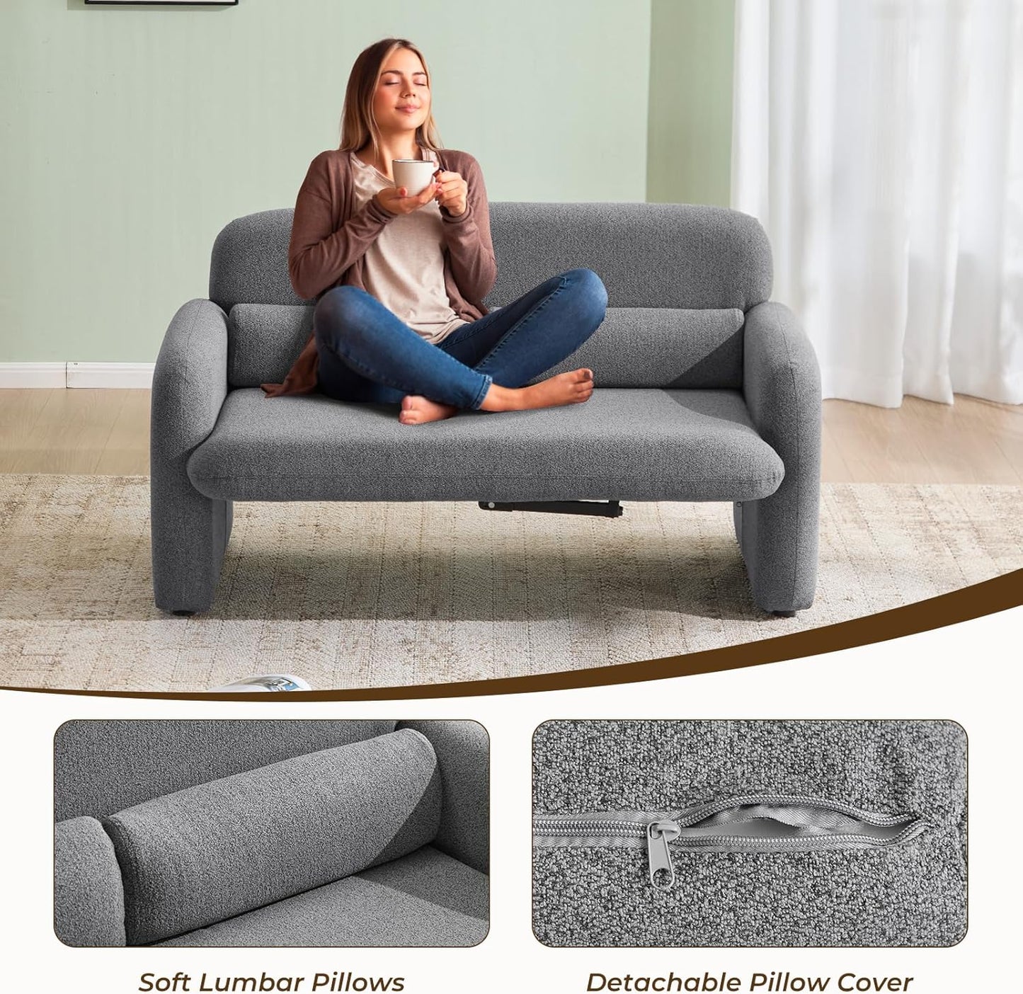 Furnimart Modern Loveseat Sofa, 54" 2-Seater Boucle Sofa, Comfy Upholstered Minimalist Couch, Small Couches for Small Spaces, Apartment, Office, Living Room, Bedroom, Dorm, Chenille Grey