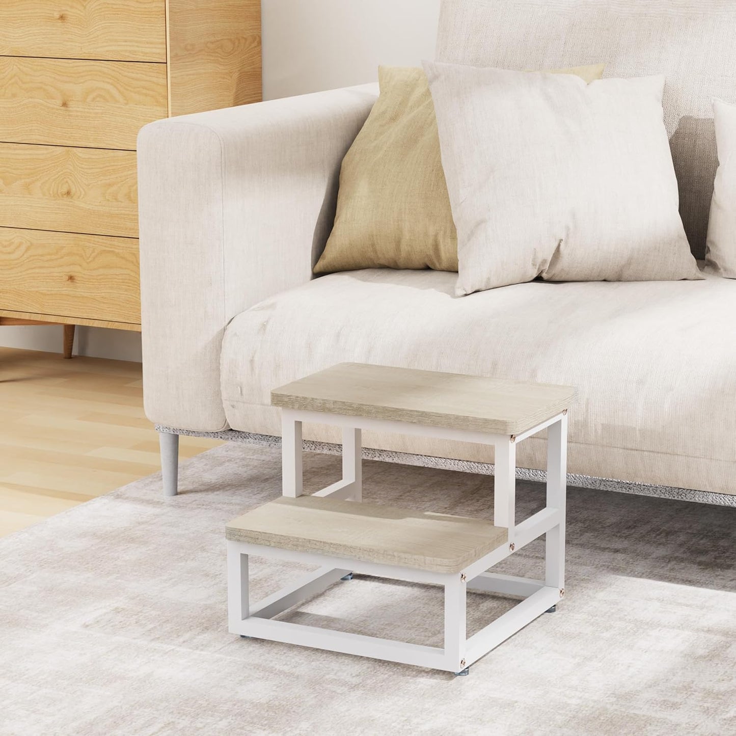 Step Stools, Heavy Duty Stepping Stool for Kids Adults, Non-Slip Metal and Wooden 2 Steps Foot Stool for High Beds and Kitchen, Round Corner, 500 Lbs Capacity, White Oak