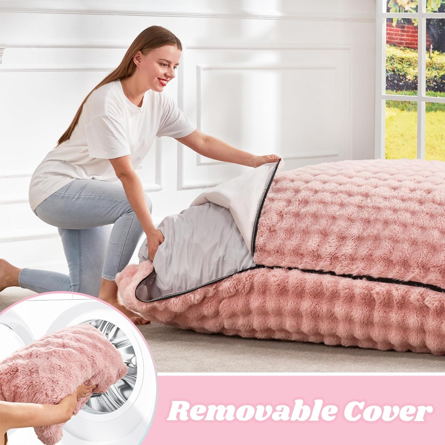 Hobestluk 3 in 1 Bean Bag Chair Giant Bean Bag Chairs for Adults with Bubble Cover Convertible Bean Bag Floor Cushion with Machine Washable Cover for Living Room (Bubble Pink)