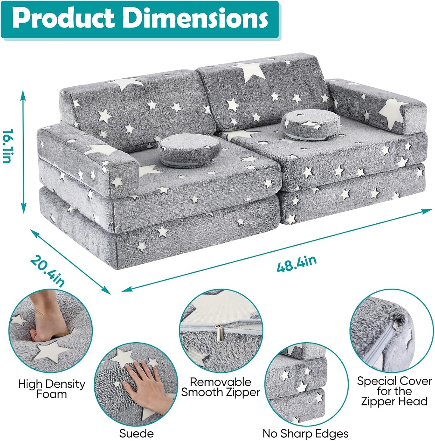 10Pcs Kids Play Couch,Toddler Sofa,Modular Kids Couch for Playing, Creativing, Sleeping (Luminous Color)