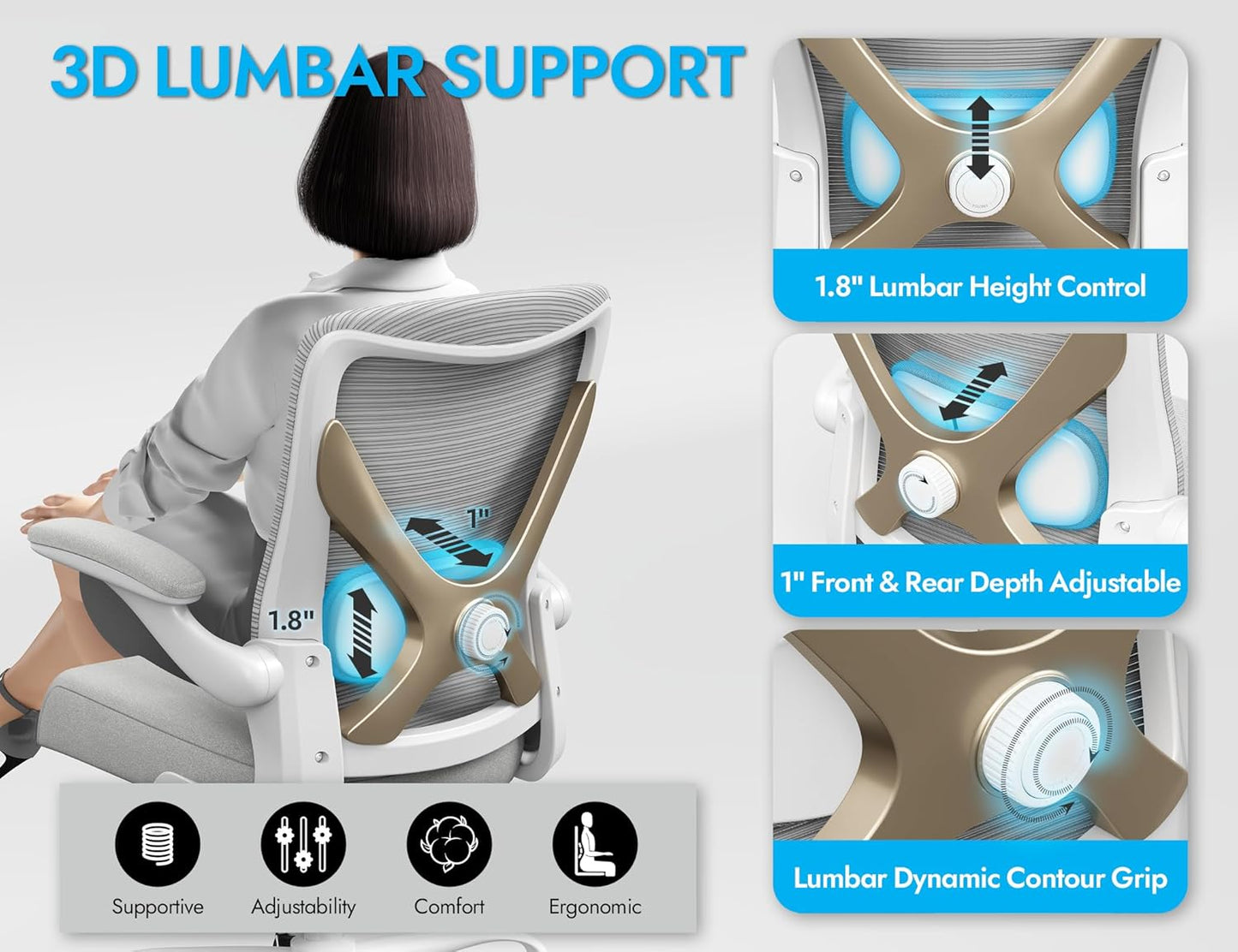 Ergonomic Office Chair with Lumbar Support - Adjustable Computer Desk Chairs for Home Office, Gaming, and Work - Comfortable and Supportive Desk Chairs for Adults(Grey Gold)