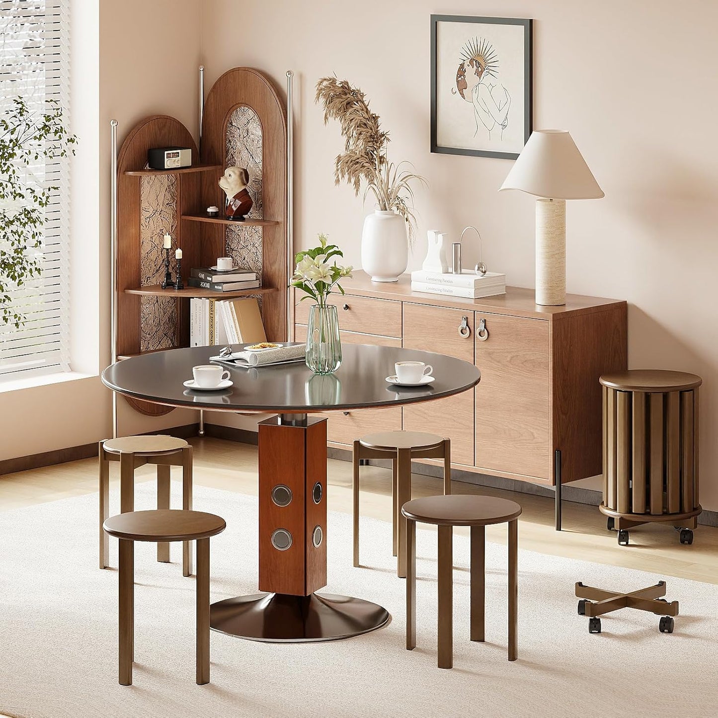 Stackable Stools Set of 4, 4‑in‑1 Bamboo Nesting Stools & End Tables with Wheels, 18″ Round Portable Barstools No‑Assembly Stool for Kitchen Living Room Bar Dorm, Walnut