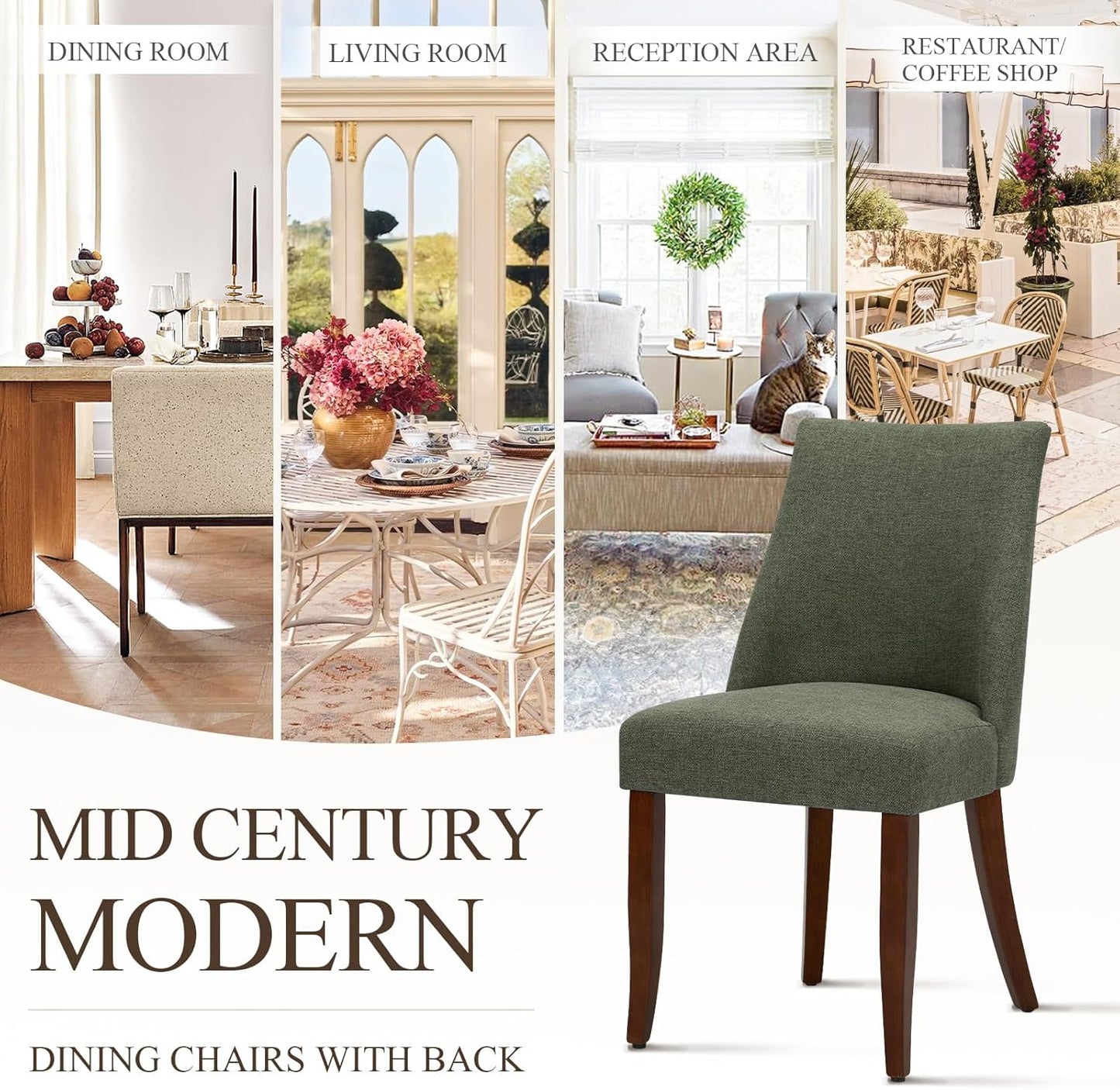 COLAMY Upholstered Dining Chairs Set of 2, Mid Century Modern Kitchen Chairs with Back, Farmhouse Fabric Side Dining Room Chairs with Wood Legs for Dining Room Restaurant, Green