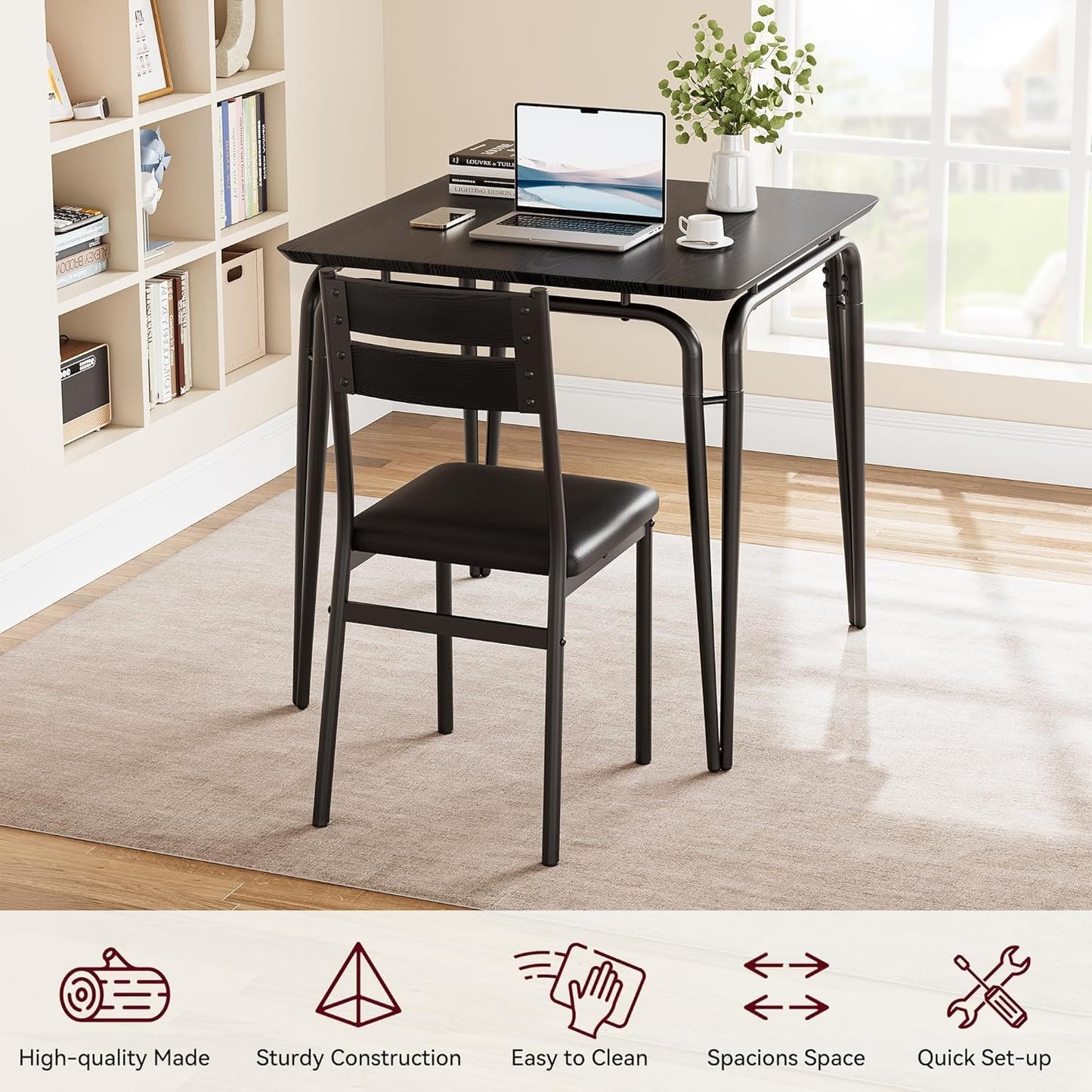 Dining Table Set for 2, Space-Saving Square 3-Piece Dinette with 2 Chairs, Modern Kitchen Furniture for Small Spaces & Apartments