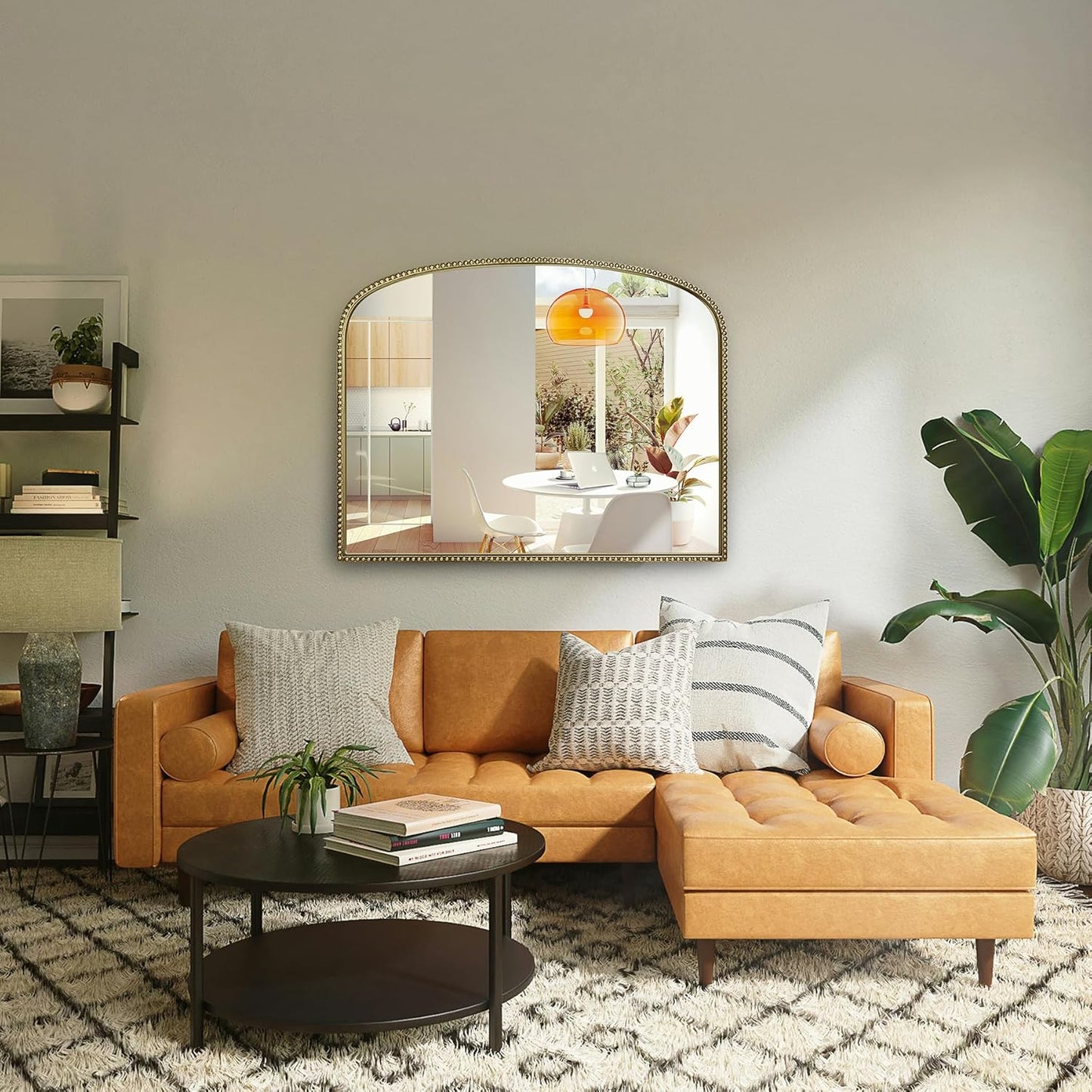 Antique Gold Arched Wall Mirror - 36"x28" with Metal Beaded Frame | Decorative Accent Mirror for Fireplace, Bedroom, Living Room, Dresser, Mantle