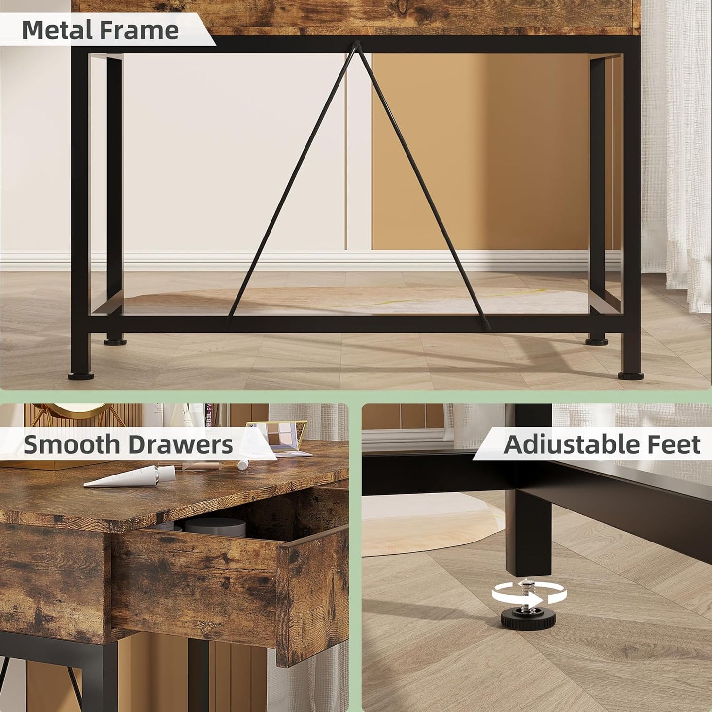 CAIYUN 40“ Small Desk for Bedroom, Computer Desk with 2 Wooden Drawers, Home Office Desk with Storage, Vanity Desk, Kids Study Writing Desk for Small Space, Vintage Table for Bedroom,(Rustic Brown)