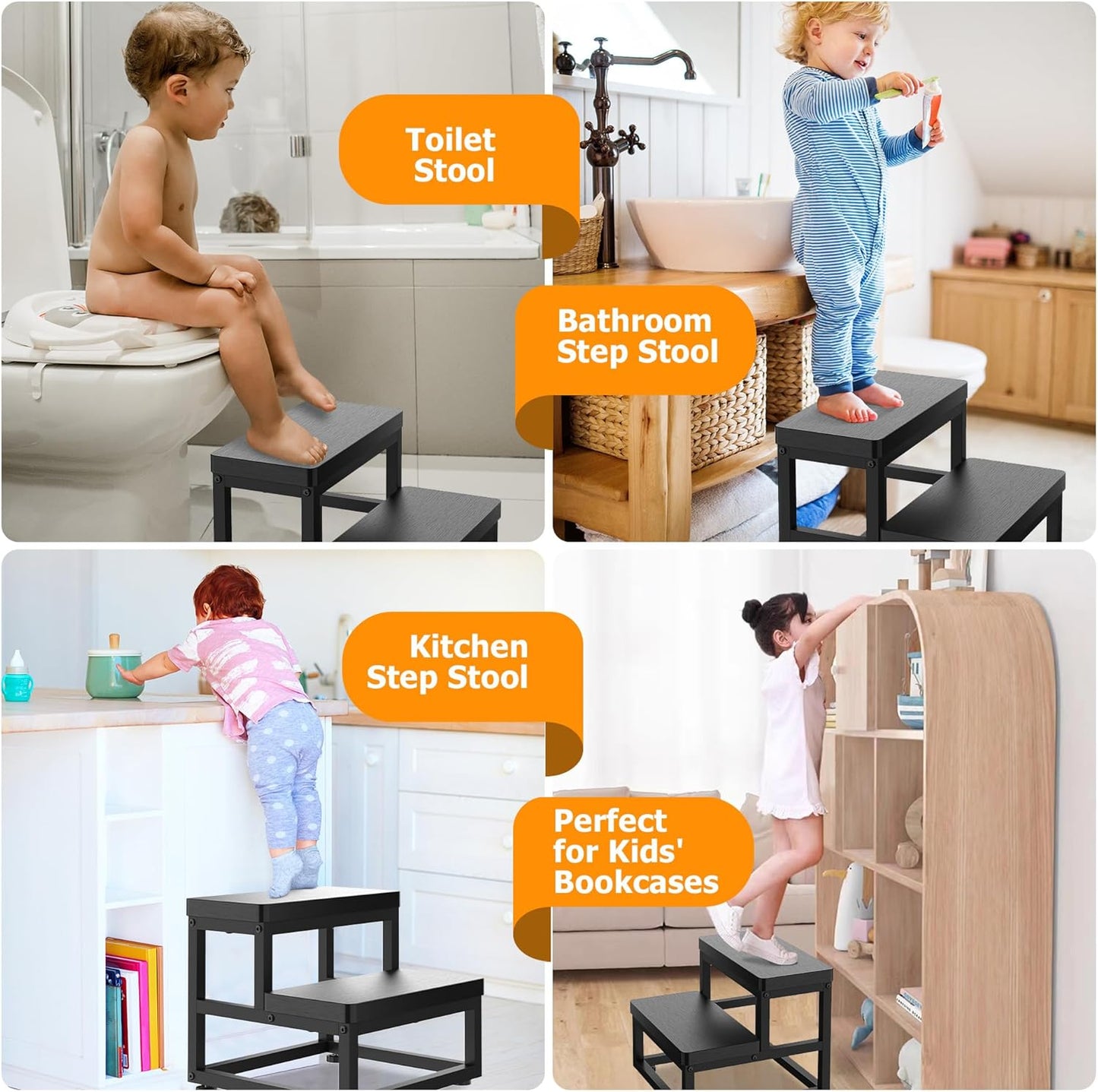 Step Stools for Adults Kids, Heavy Duty Stepping Stools Wooden Bed Step Stools for High Beds, Non-Slip 2 Bedside Foot Stool with 500 Lbs Capacity for Bedroom Kitchen Bathroom Outside, Easy Assembly