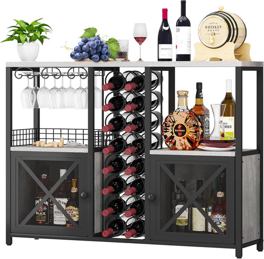 Homeiju Mini Bars for Home, Wooden Coffee Bar Cabinet, Modern Liquor Cabinet for Liquor and Glasses, Farmhouse Buffet Wine Bar Cabinet with Storage Sideboard for Home Kitchen Dining Room (Light Grey)