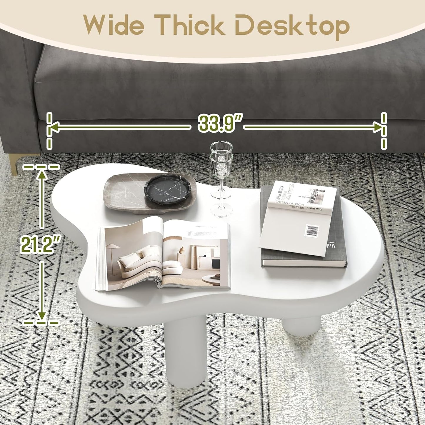 HollyHOME Cloud Coffee Table, Unique Design Accent Table for Living Room and Bedroom, Stylish and Functional Furniture Piece-Durable and Easy to Clean, Free Shape with 3 Legs, 33.9in, Cream White