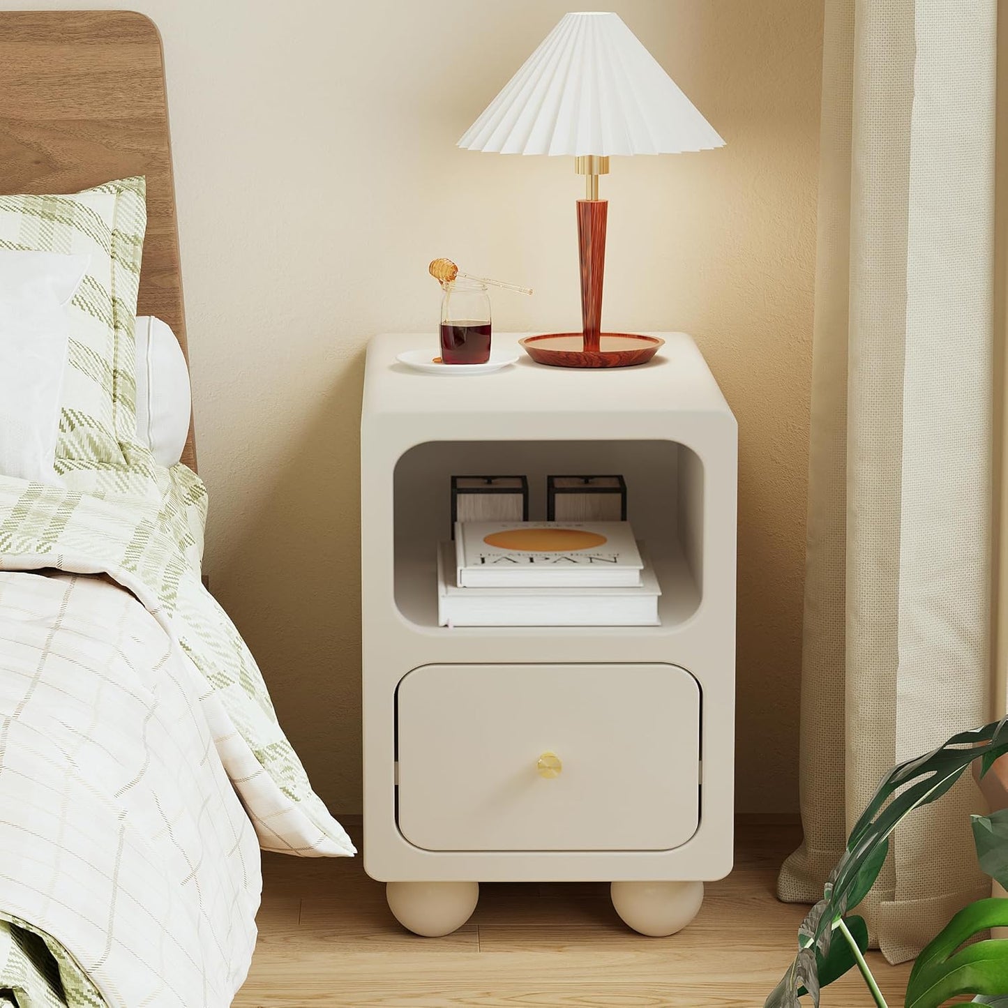 Solid Wood Nightstand, Narrow Night Stand with Drawers, White Mid Century Modern Nightstand, Small Beside Table with Open Storage Shelf for Bedroom (12 inch)