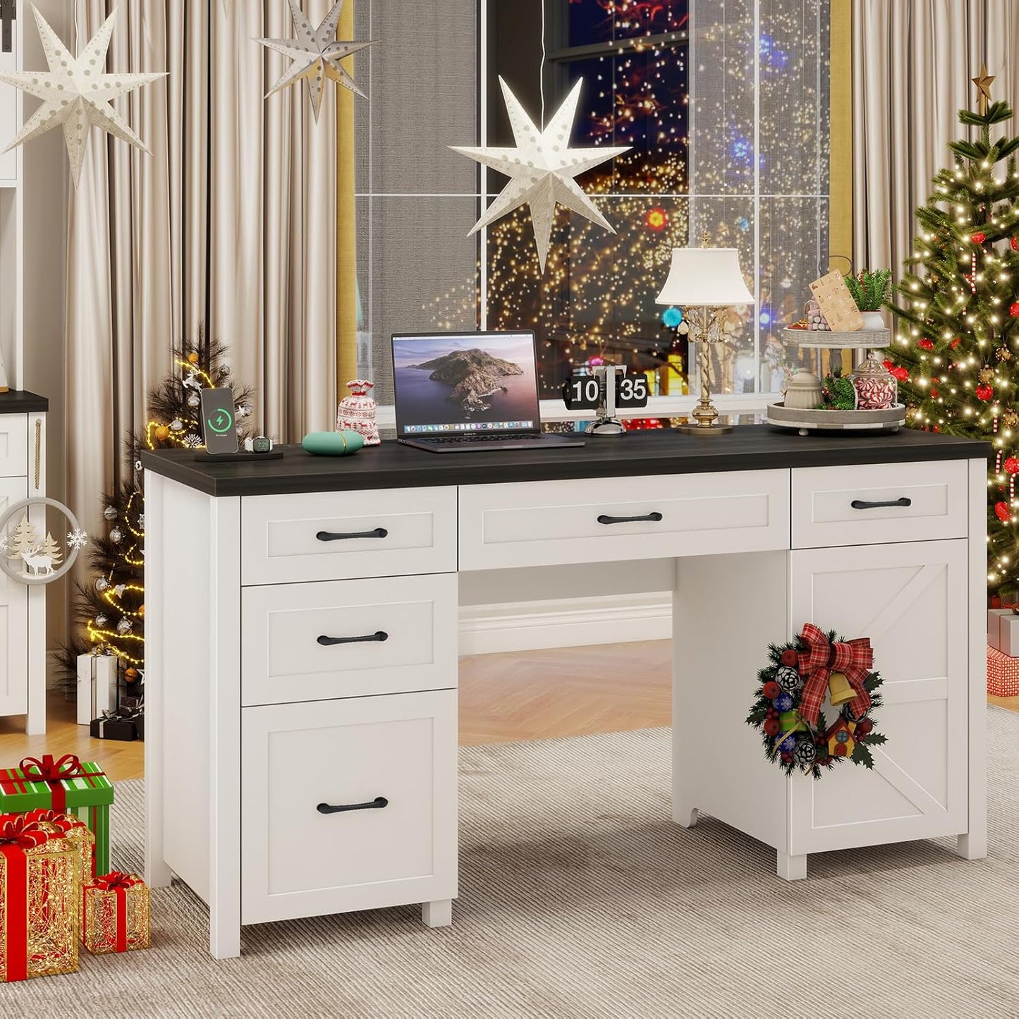 Farmhouse 61'' Executive Desk with 5 Drawers, Rustic Office Desk Computer Desk with Charging Station, File Drawers and Storage Cabinet, Wood Workstation for Home Office and Study.(Black Top)