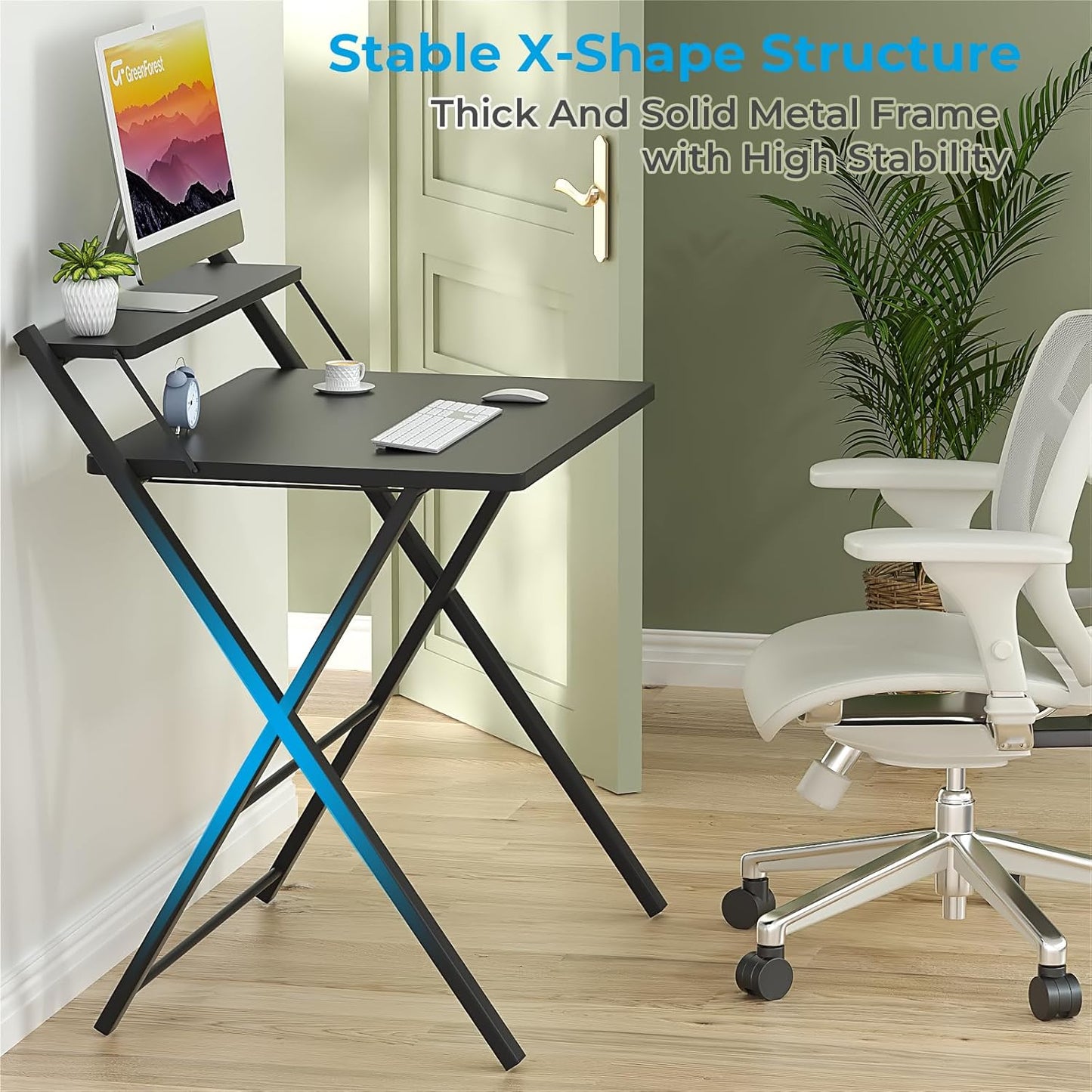 GreenForest No Assembly Folding Desk, 2-Tier Compact Computer Desk with Shelf, 30 inch Space Saving Foldable Table for Home Office, Dorm or Apartment, Portable Collapsible Sturdy Laptop Desk, Black