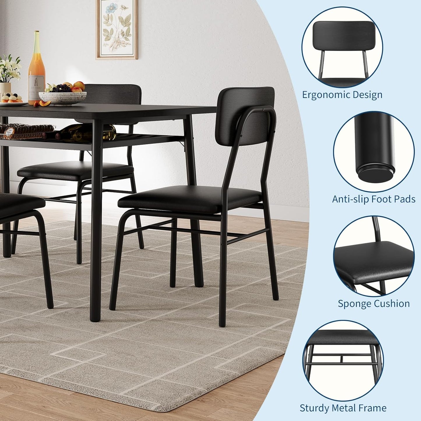 GarveeHome Dining Table Set for 4 with Storage Rack, 5-Piece Kitchen Table and Upholstered Chairs of 4, Wood Tabletop & Heavy-Duty Metel Frame, Dining Room Set for Small Space, Apartment, Black