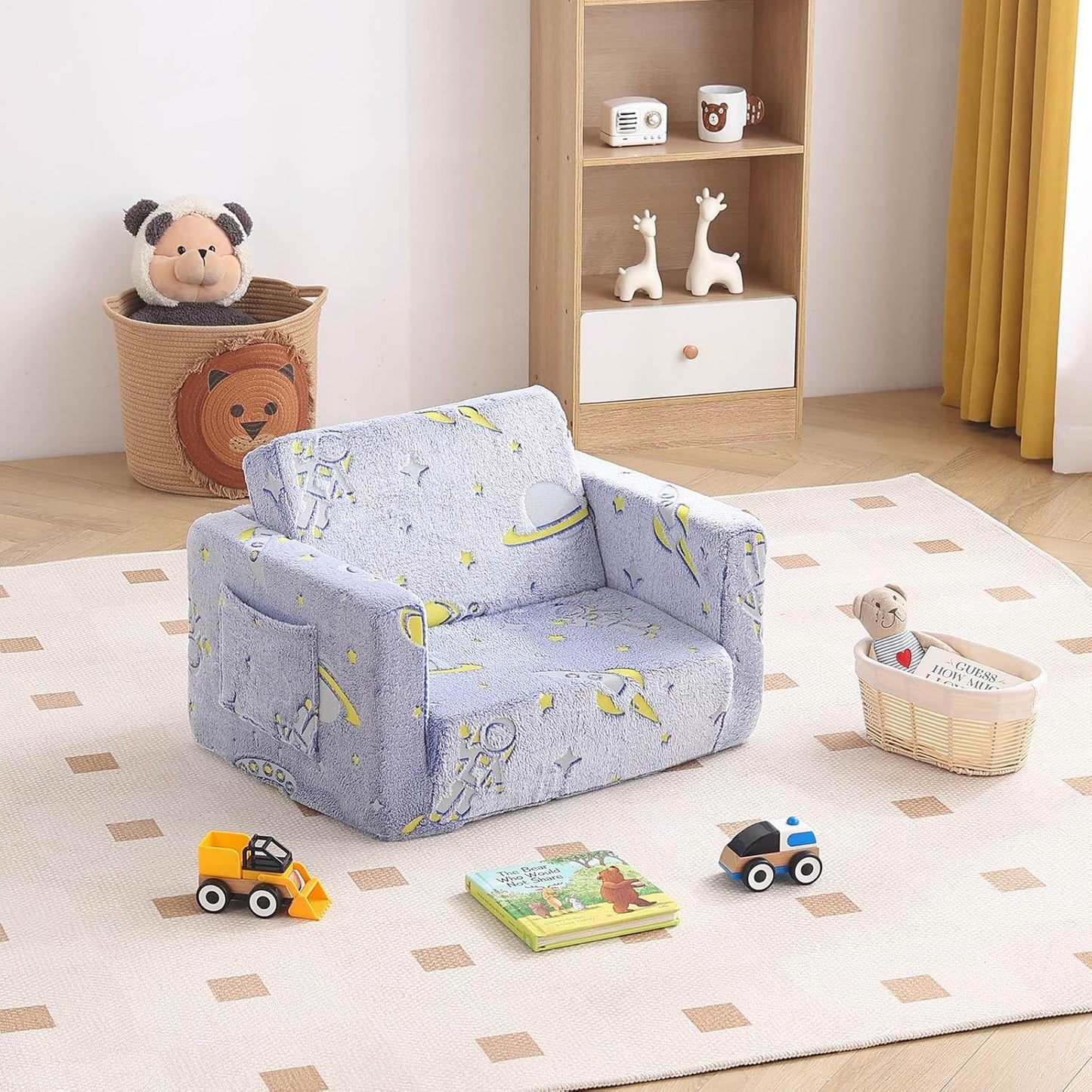 Tiita Kids Sofa, 2-in-1 Toddler Chair, Convertible Children Couch to Lounger, Flip Out Kid Sofas Chair, Toddler Armrest Chairs Bed, Folding Kids Play Sofa for Girl or Boy (Blue Astronauts)