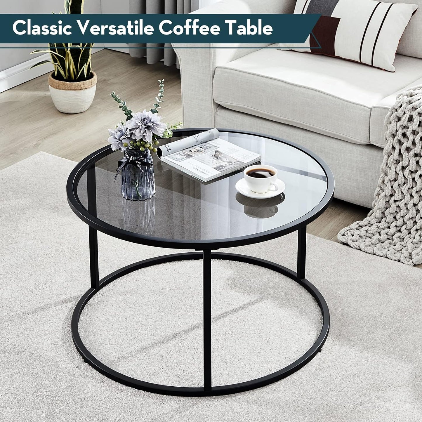 SAYGOER Round Coffee Table Glass Coffee Tables for Small Space Simple Modern Center Table for Living Room Home Office, Sofa Side Table with Metal Steel Frame, Easy Assembly, Gray Black