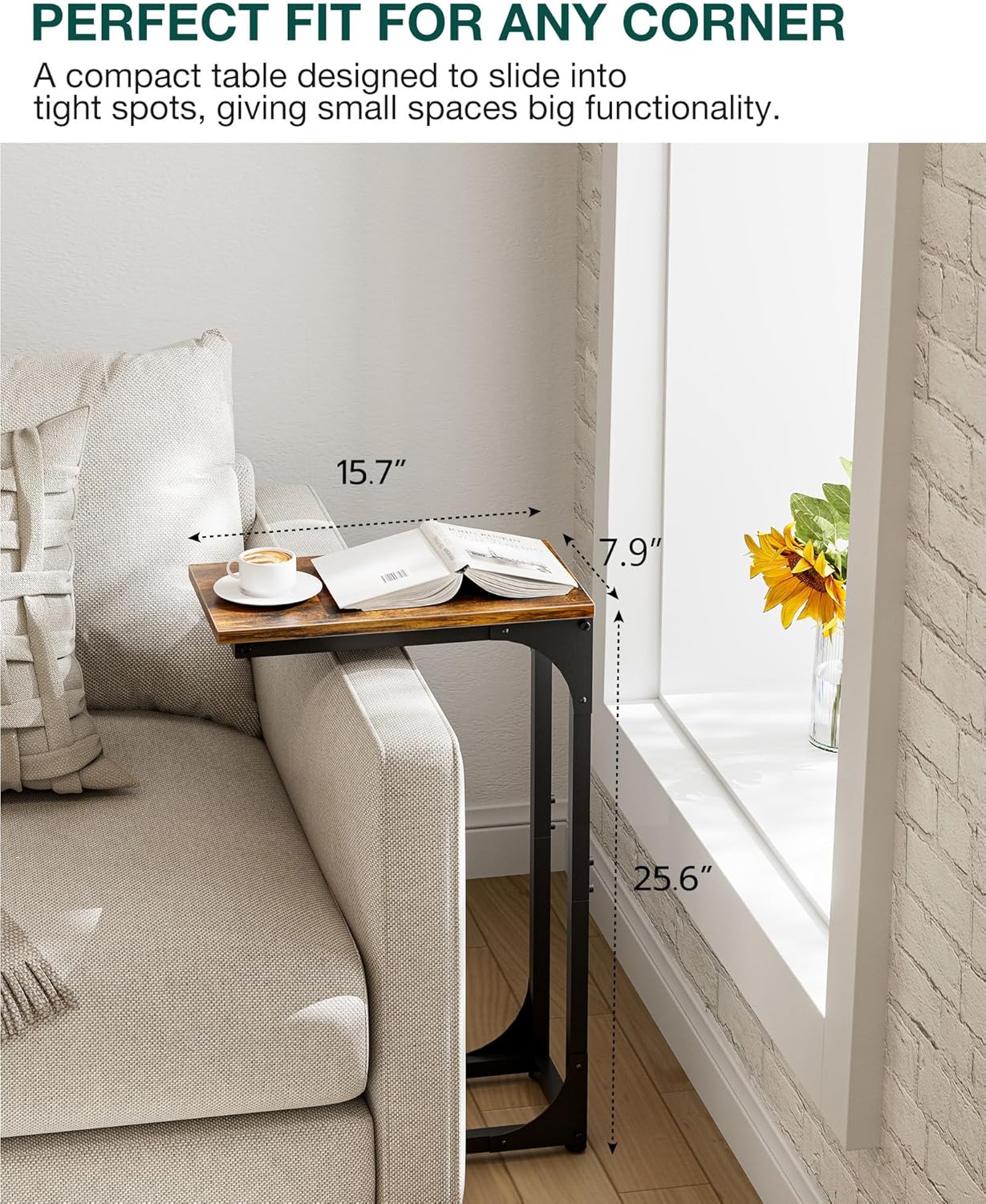 C-Shaped Side Table for Couch - Small Coffee Stand Sofa Tray Desk with Sturdy Metal Frame and Waterproof Scratch Resistant Wood Surface, Modern End Accent for Living Room, Bedroom,Rustic Brown