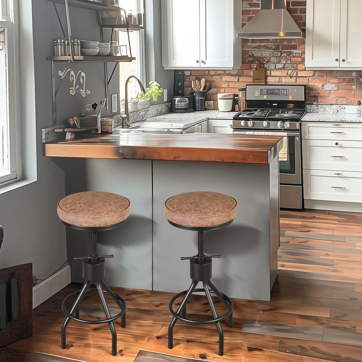 Set of 2-Vintage Bar Stool Swivel PU Leather Seat Kitchen Island Workbench Chair Height Adjustable 23-31 inch