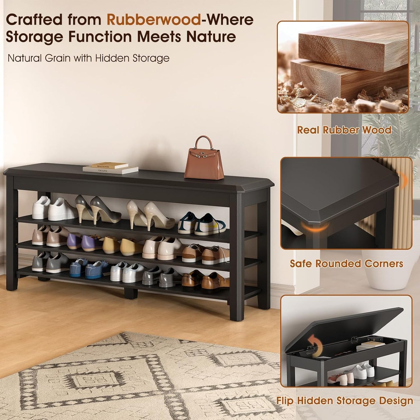 Shoe Rack Bench Seat Rubberwood 3-Tier Wooden Storage Bench 550lbs Compact Mid-Century Modern Design for Entryway, Hallway, Closet, Front Door Entrance, Foyer