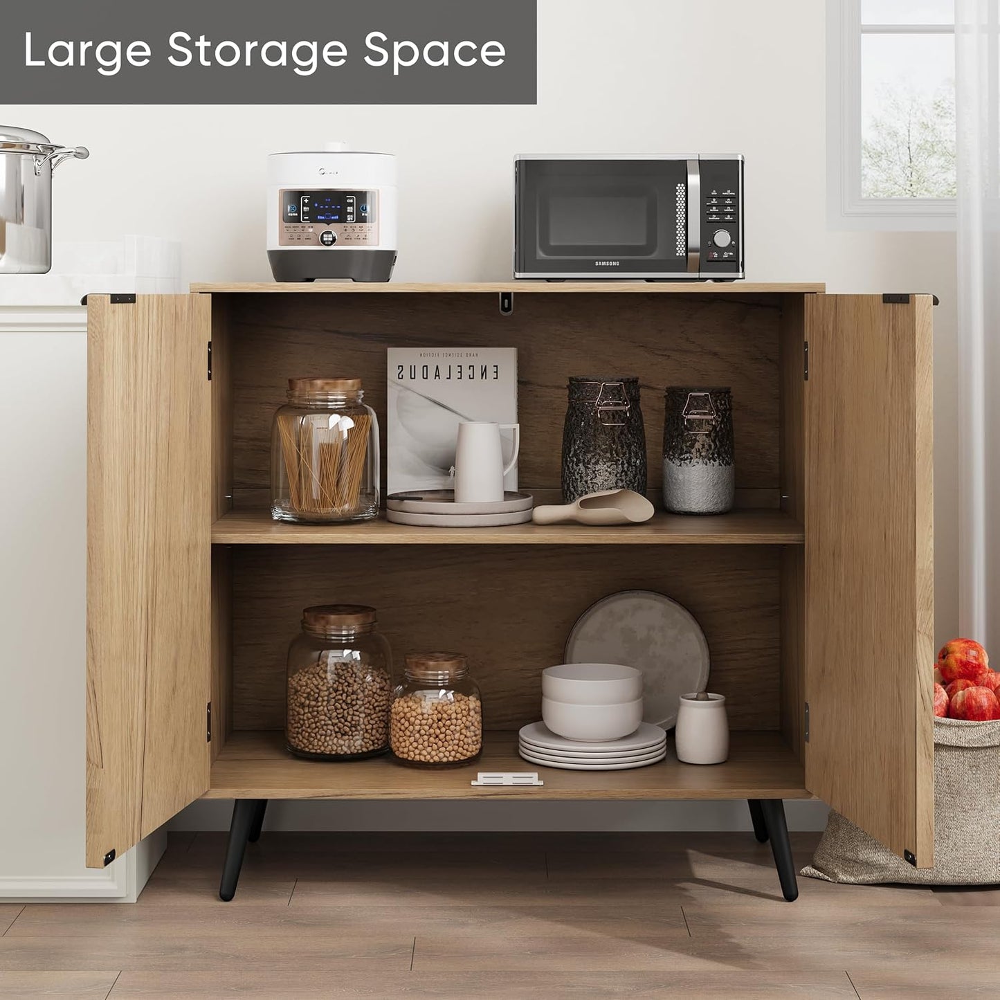 Smuxee Fluted Sideboard Cabinet, Freestanding Natural Buffet Cabinet with Adjustable Shelf, Wood Storage Cabinet for Living Room, Entryway, Hallway