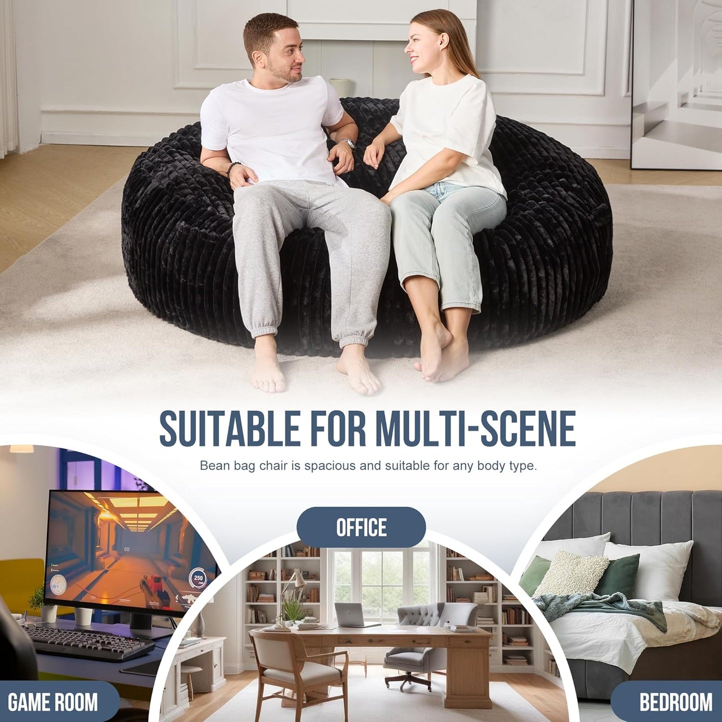 Hobestluk 6ft Bean Bag Chairs for Adults Large Beanbag Chair with Stripe Plush Cover Big Bean Bag Chair for Living Room Bedroom Dorm Office - Black (70" x 70" x 15")