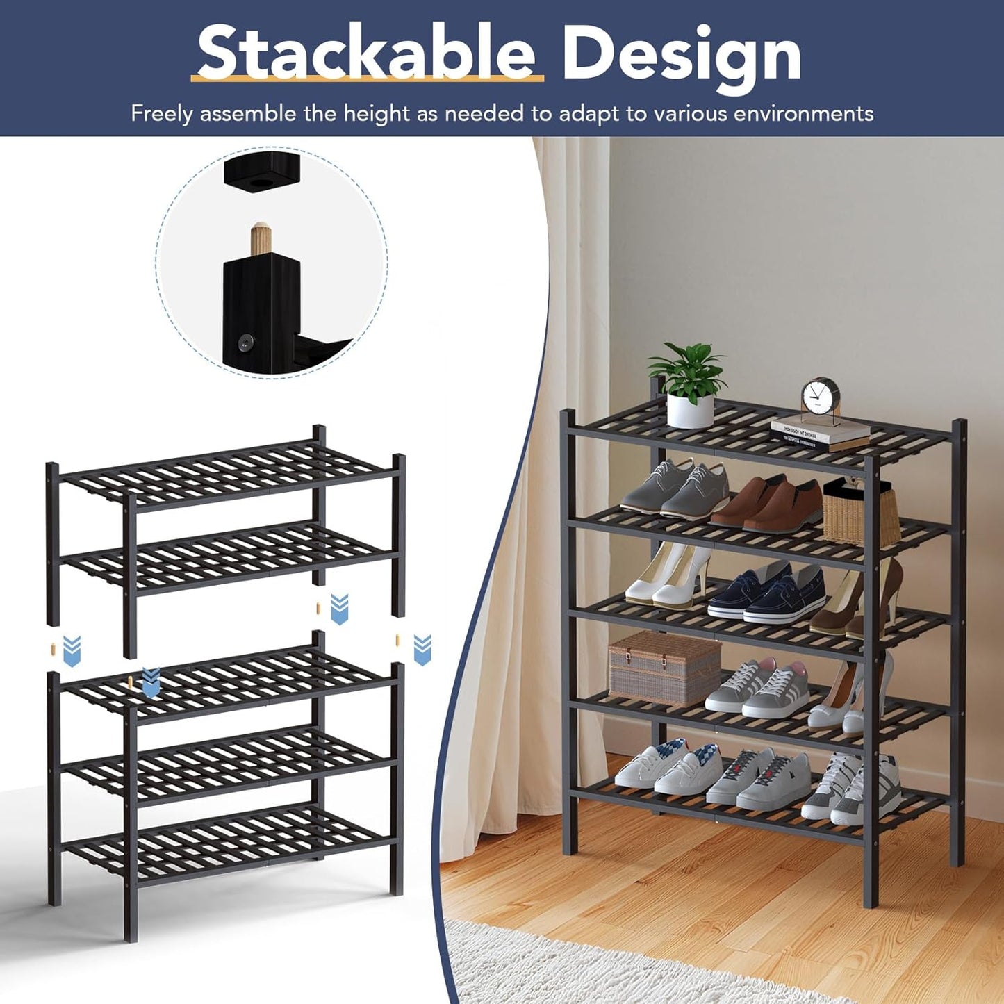 Haddockway Large 3 Tier Bamboo Shoe Rack Storage Organizer, Multifunctional Free Standing Stackable Shoe Shelf with Grid Panel for Closet,Hallway,Entryway,Small Space 27"x12"x21"(Black, 3-Tier(Large))