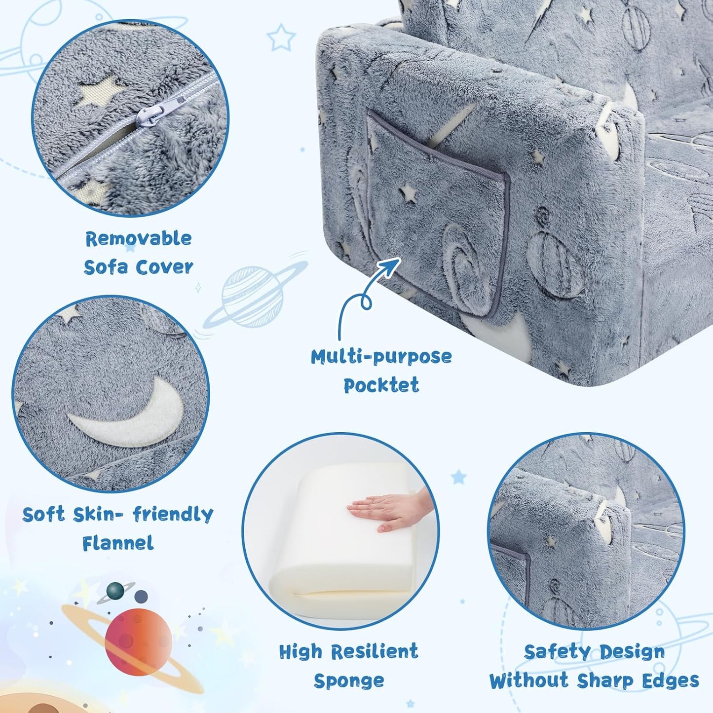 Toddler Chair Comfy,2-in-1 Soft Toddler Couch Fold Out for Kids,Convertible Sofa to Lounger,Gift for Girls and Boys Birthday,Space,Large