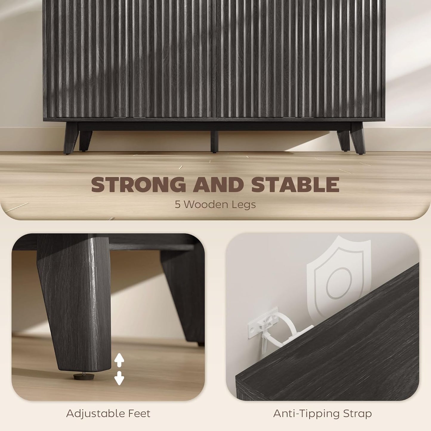 HOMCOM Fluted Sideboard Buffet Cabinet, 55" Modern Accent Console Cabinet with 4 Doors, 2 Adjustable Shelves and 5 Wood Legs, Distressed Gray