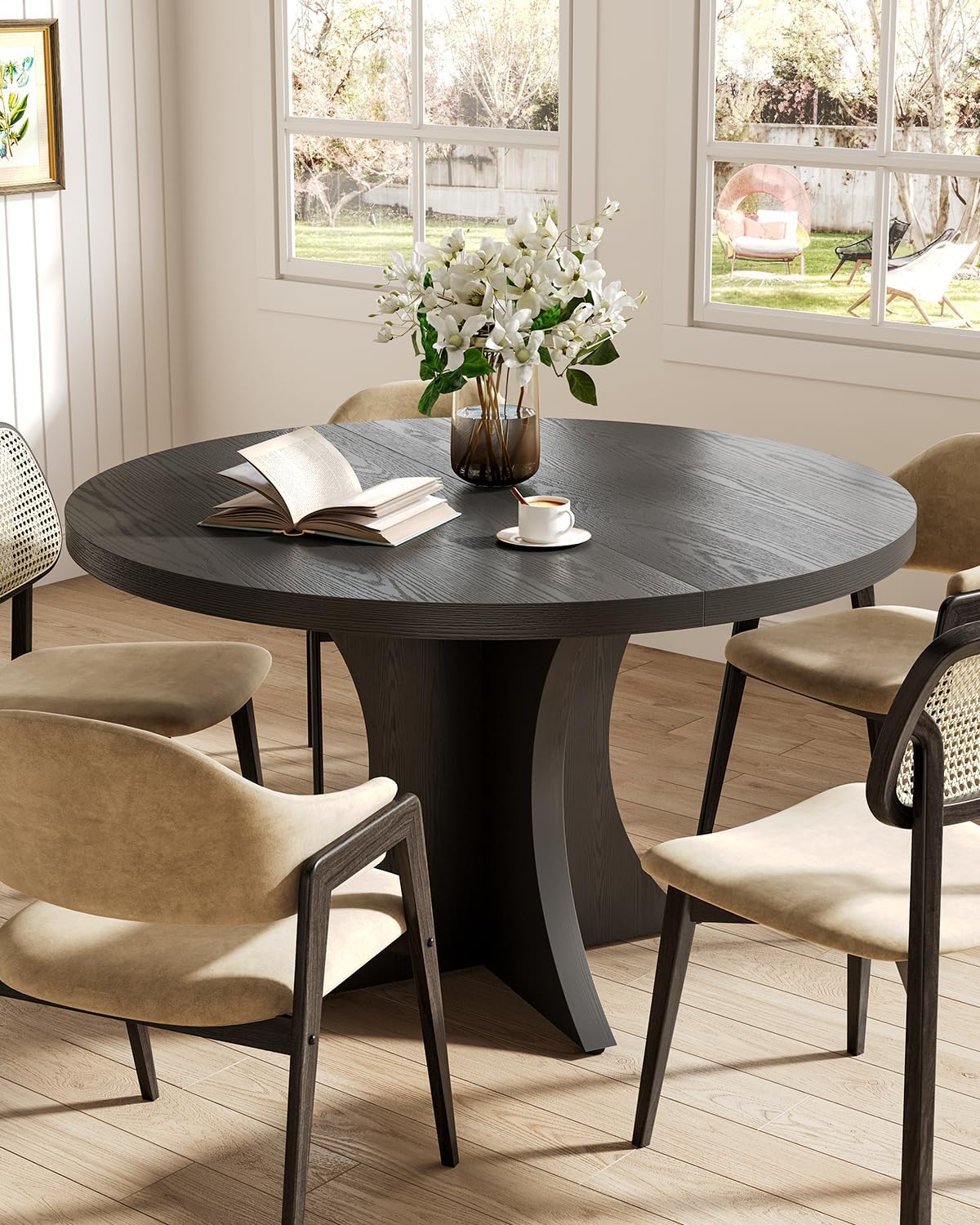 LITTLE TREE Round Dining Table for 4-6, 47.24 Inches Farmhouse Wooden Kitchen Table with Spacious Tabletop for Dining Room, Black