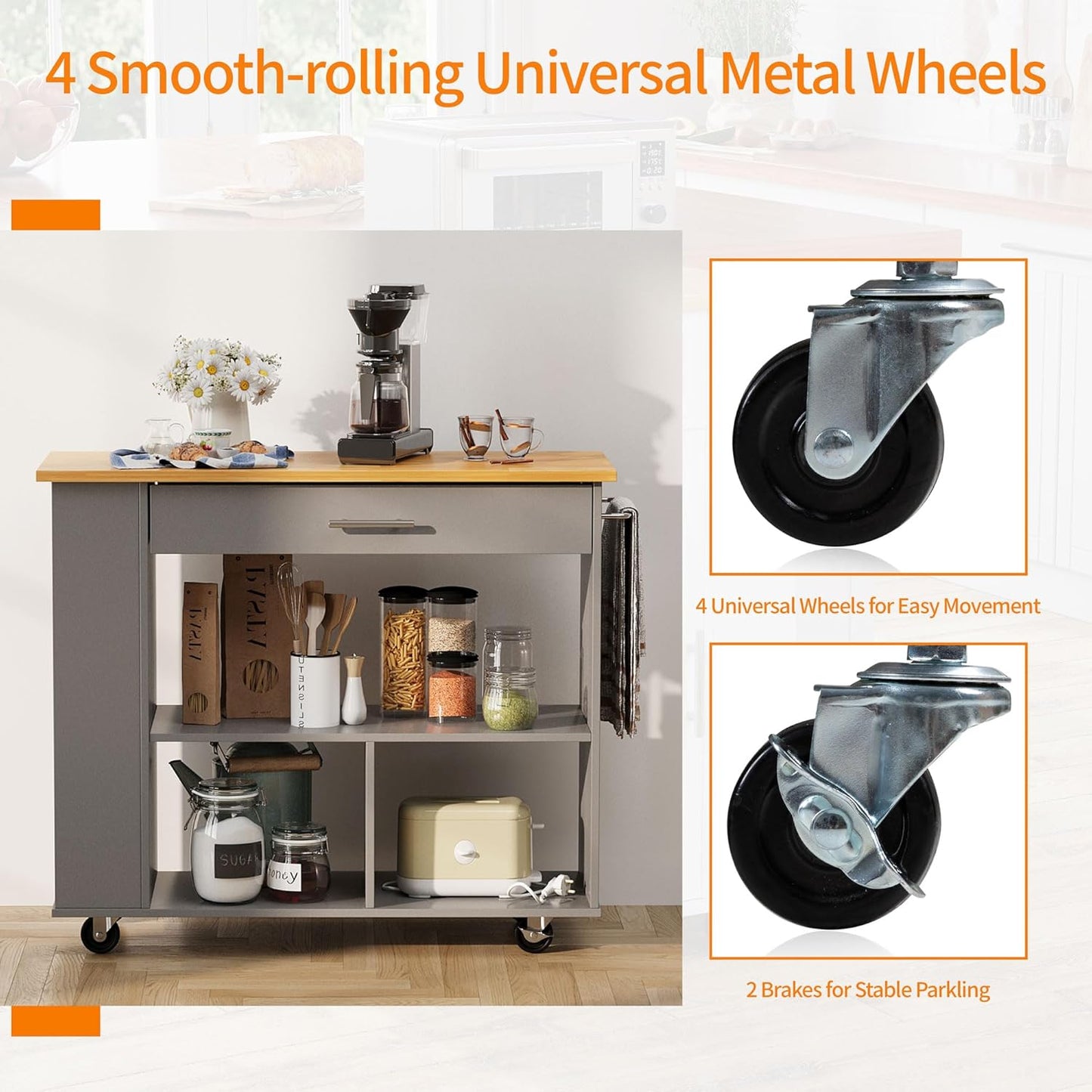 Shintenchi Kitchen Island on Wheels with Storage, Wheeled Island & Cart with 3-Tier Spice Rack, 3 Open Shelves and 1 Drawer, Gray