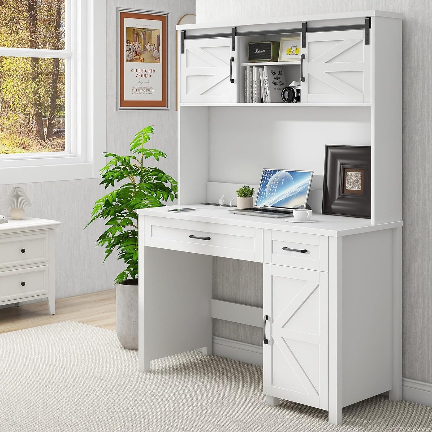 Farmhouse 47" Executive Desk, Computer Desks with 2 Drawers and Storage Cabinet, Home Office Desk with Hutch and Charging Station, Workspace for Work and Study. (Cream White)