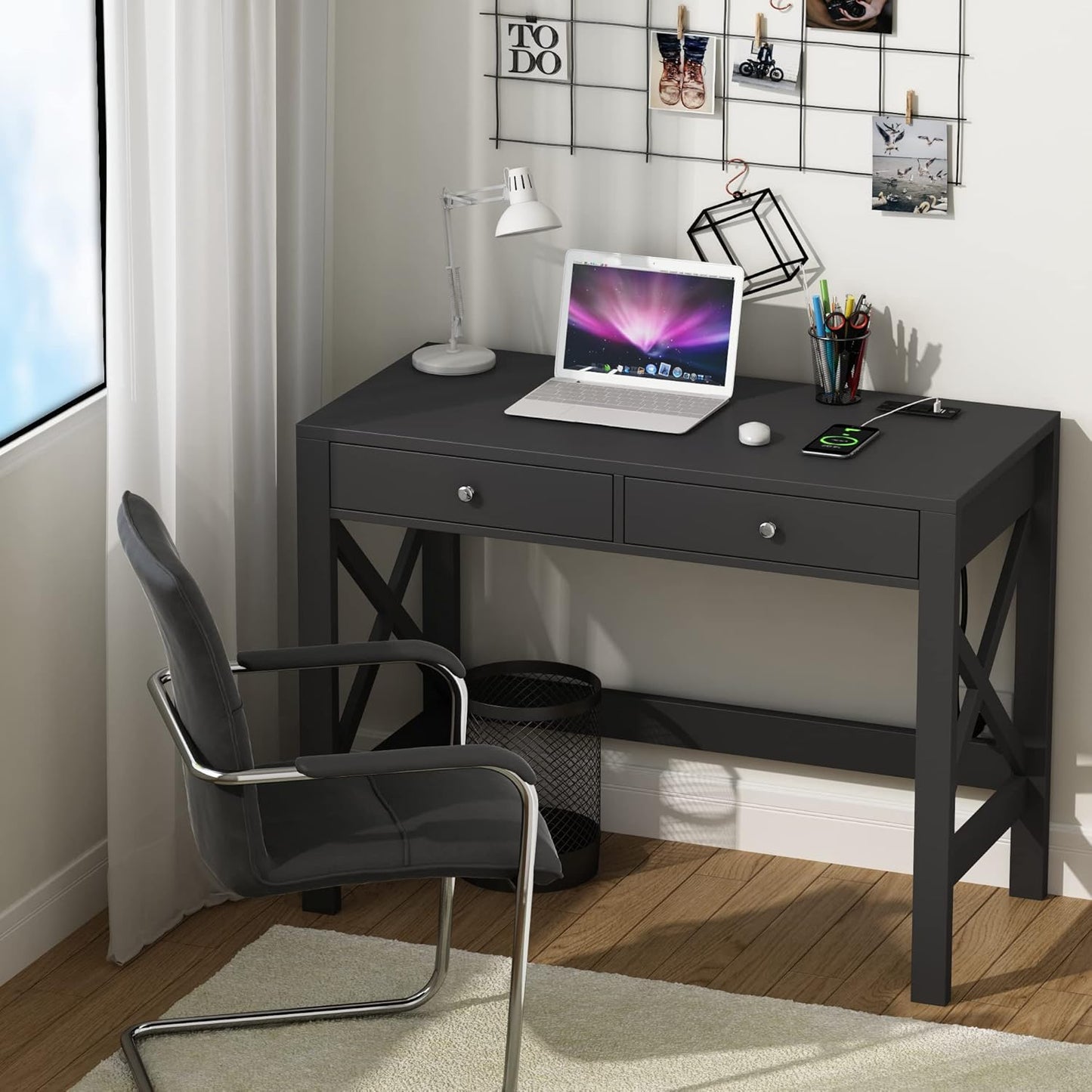 ChooChoo Computer Desk with USB Charging Ports and Power Outlets, 39" Black Desk with Drawers, Small Study Writing Table with Stable X Frame for Home Office